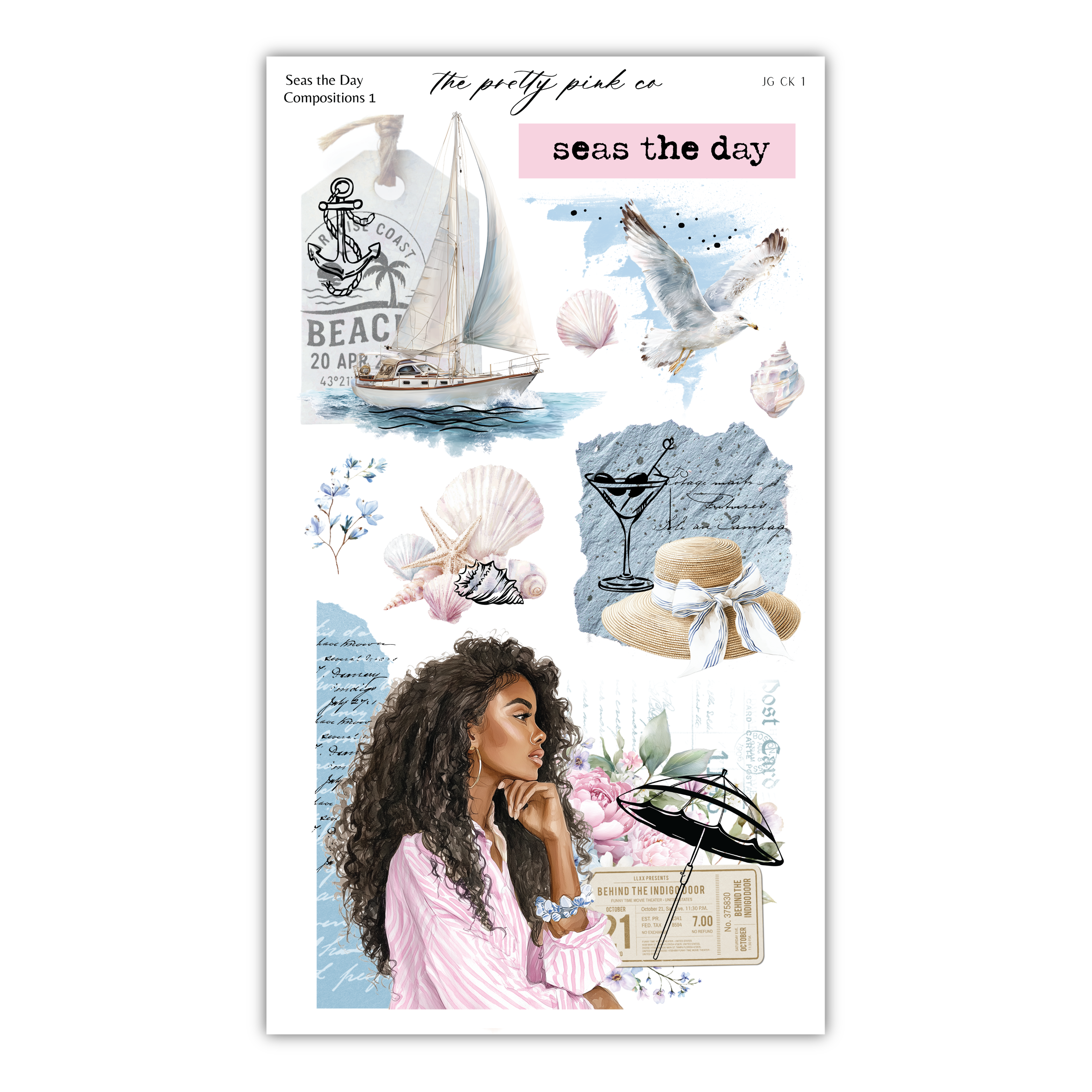 The image is a collage of various elements, including a woman, a sailboat, a cocktail glass, seashells, and a beach scene. The collage is titled "Seas the Day" and includes text that describes the different elements, such as "The pretty pink co" and "The pretty pink co seas the day".