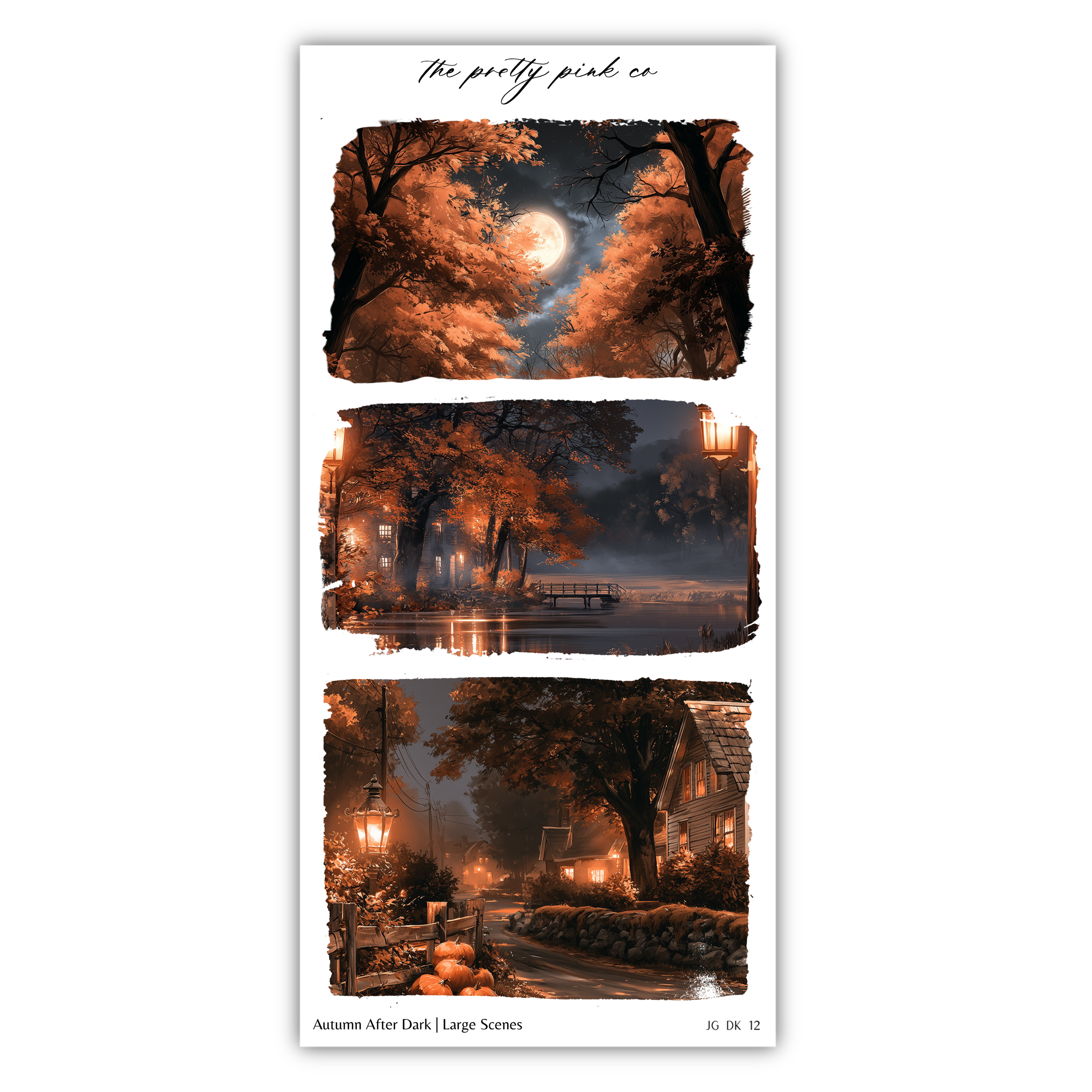 The image is a collage of three pictures depicting autumn scenes, including a full moon, a forest with orange trees, and a small village with houses and lanterns.