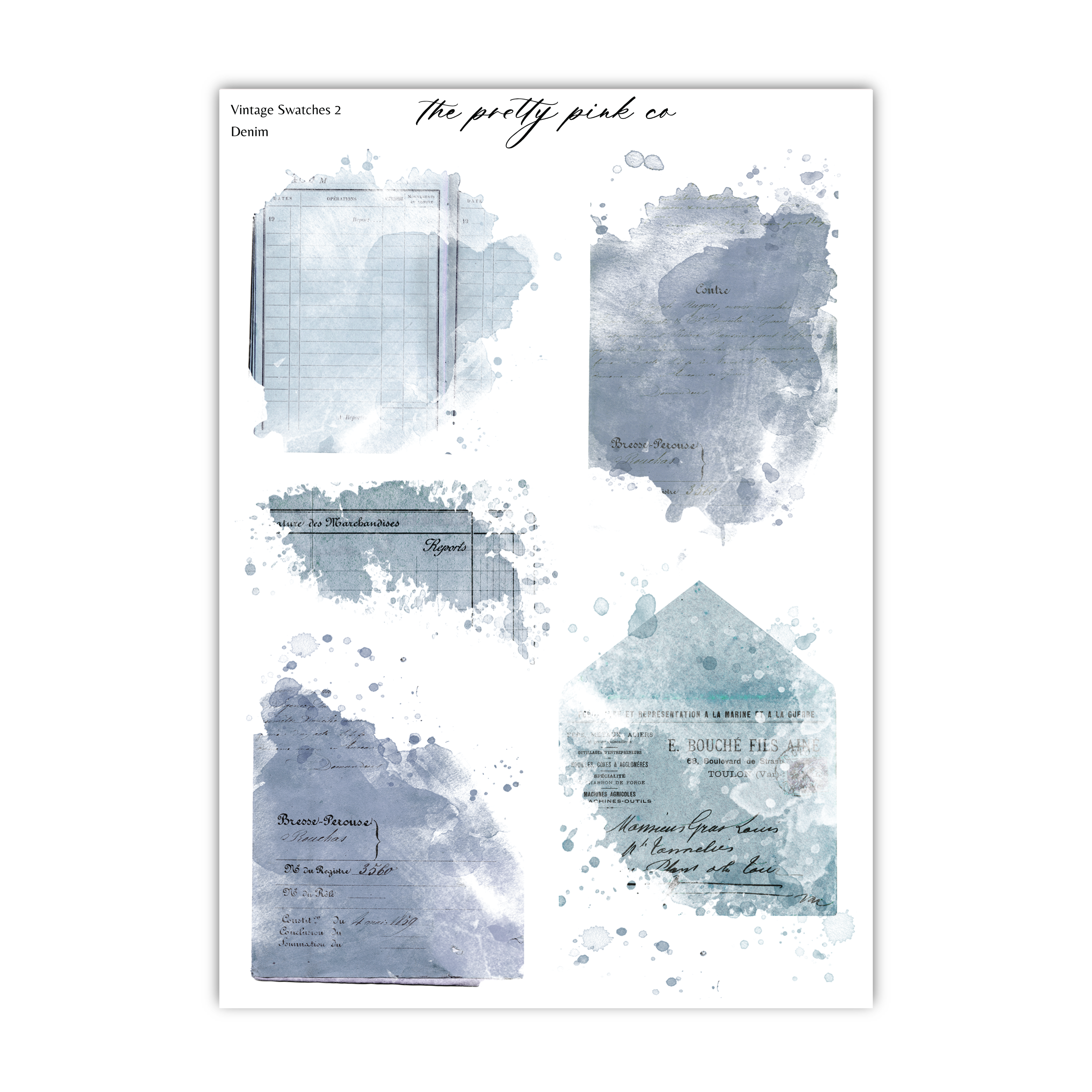 various watercolor splatters and splotches in different shades of blue and gray, along with some handwritten text. The text appears to be in a vintage style, possibly related to denim or fashion. The image is not a single photograph but a collage of multiple images, and the descriptions provided should not be used to describe each individual image. Instead, the focus should be on the overall composition and style of the collage.