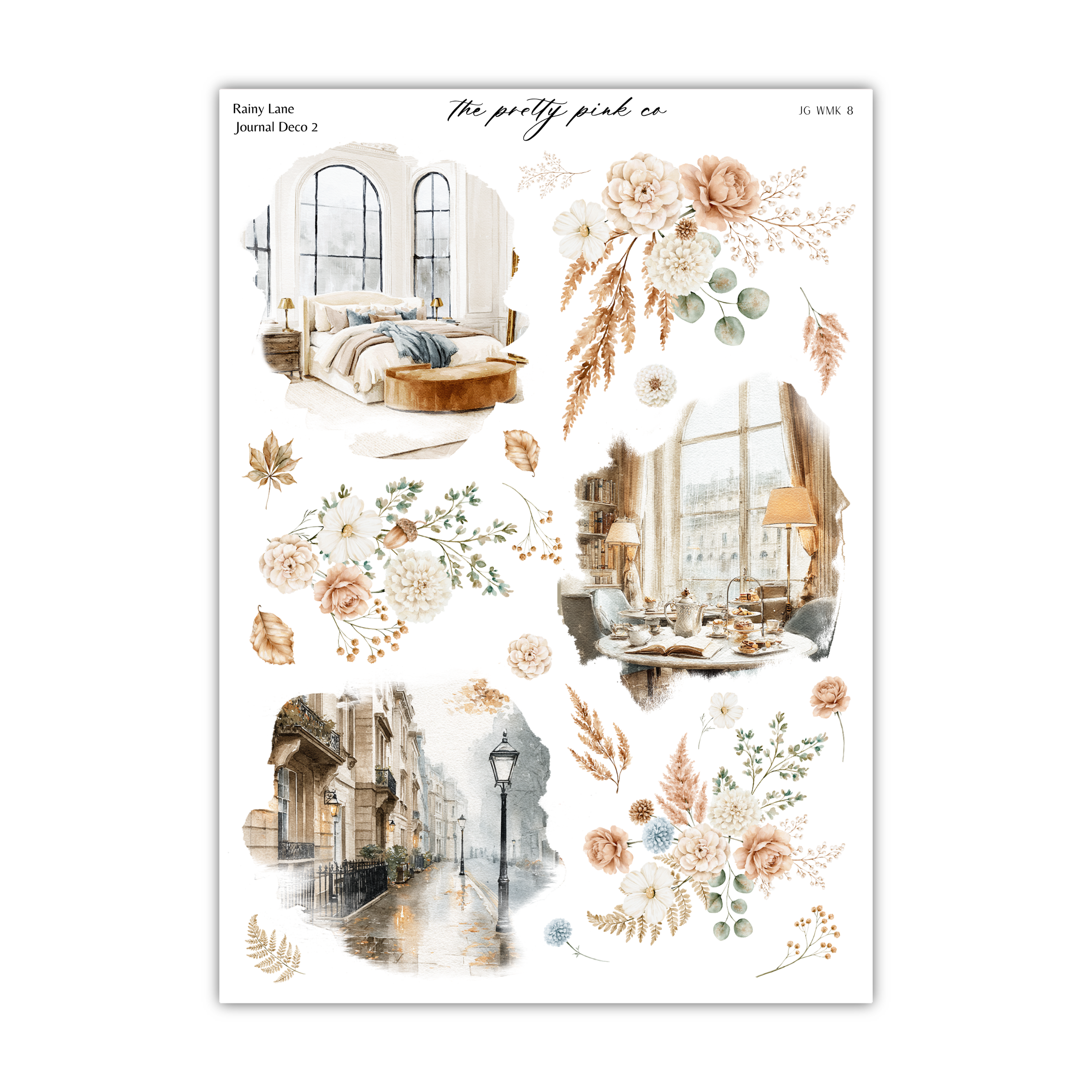 The image is a collage of various scenes featuring floral and architectural elements, including a bedroom, a street lamp, and a building.
