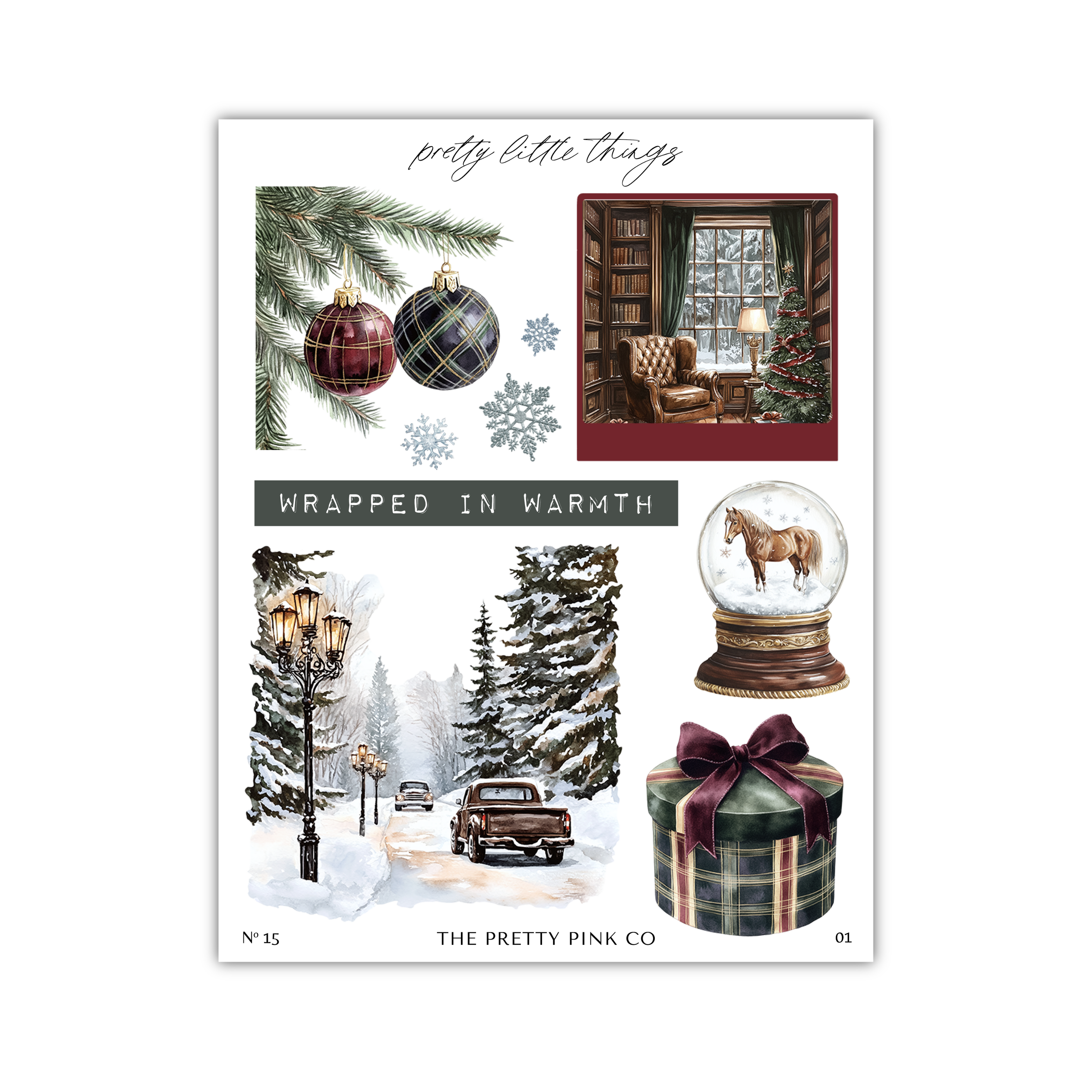 The image is a collage of various winter-themed elements, including Christmas ornaments, a horse in a snow globe, a snowy street scene, and a gift box with a bow.