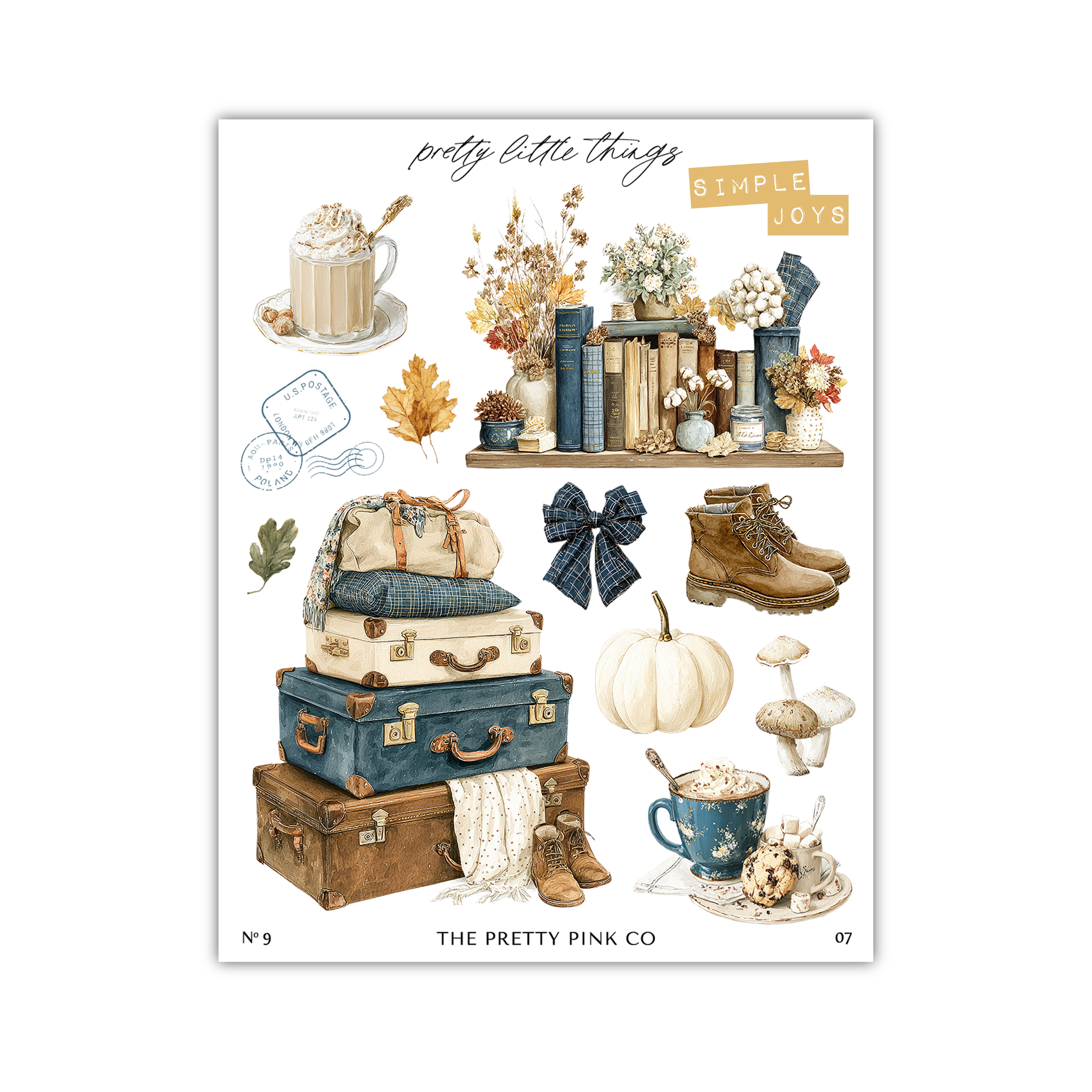 The image is a collage of various autumn-themed items, including a mug, books, flowers, a suitcase, a bow, a pumpkin, and other seasonal objects.