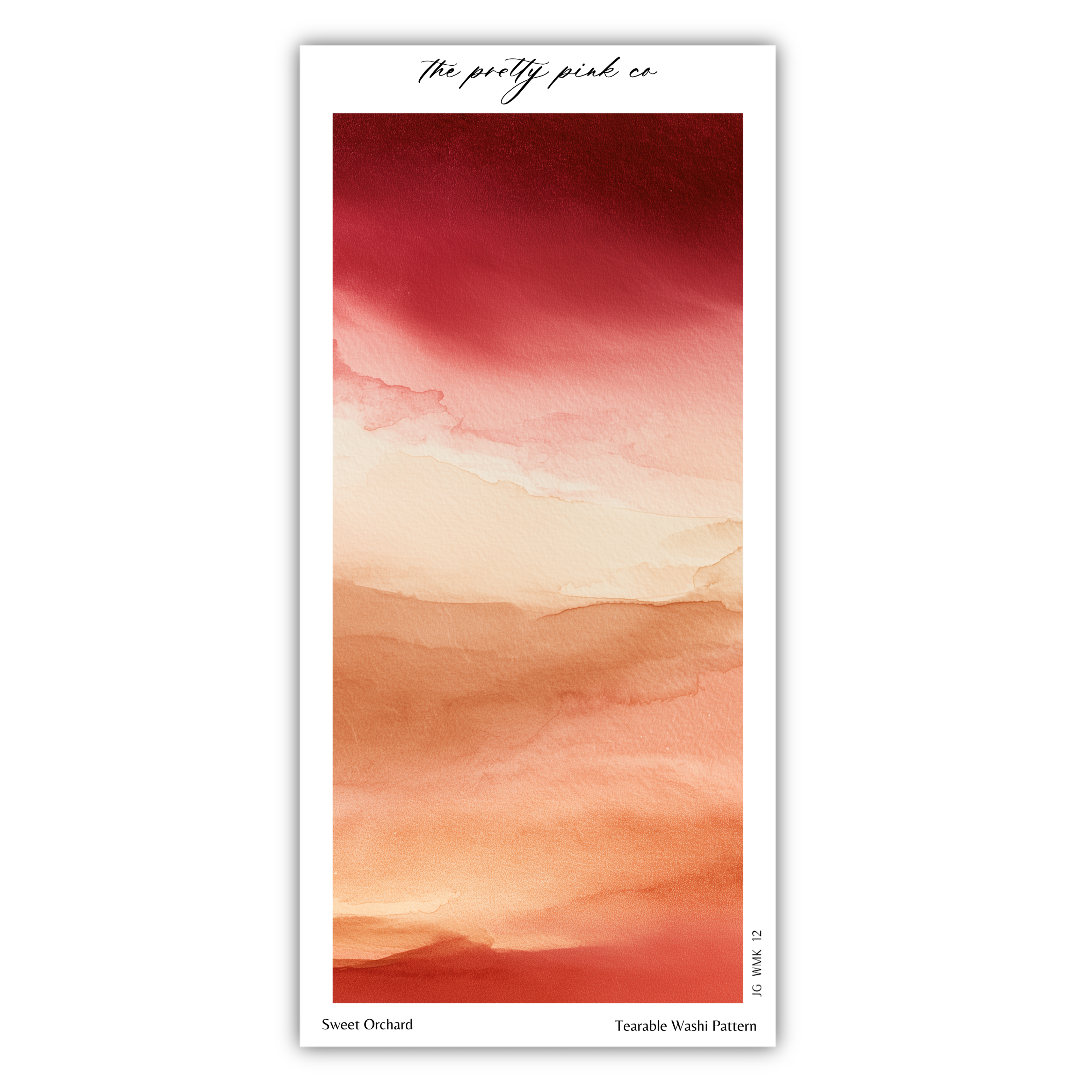The image is a watercolor painting with a gradient of colors, depicting a sunset or sunrise. The colors range from warm oranges and yellows to cooler blues and whites. The painting is titled "Sweet Orchard" and "Terrable Wash Pattern" and is described as a "Terrable Wash Pattern" in the provided text.
