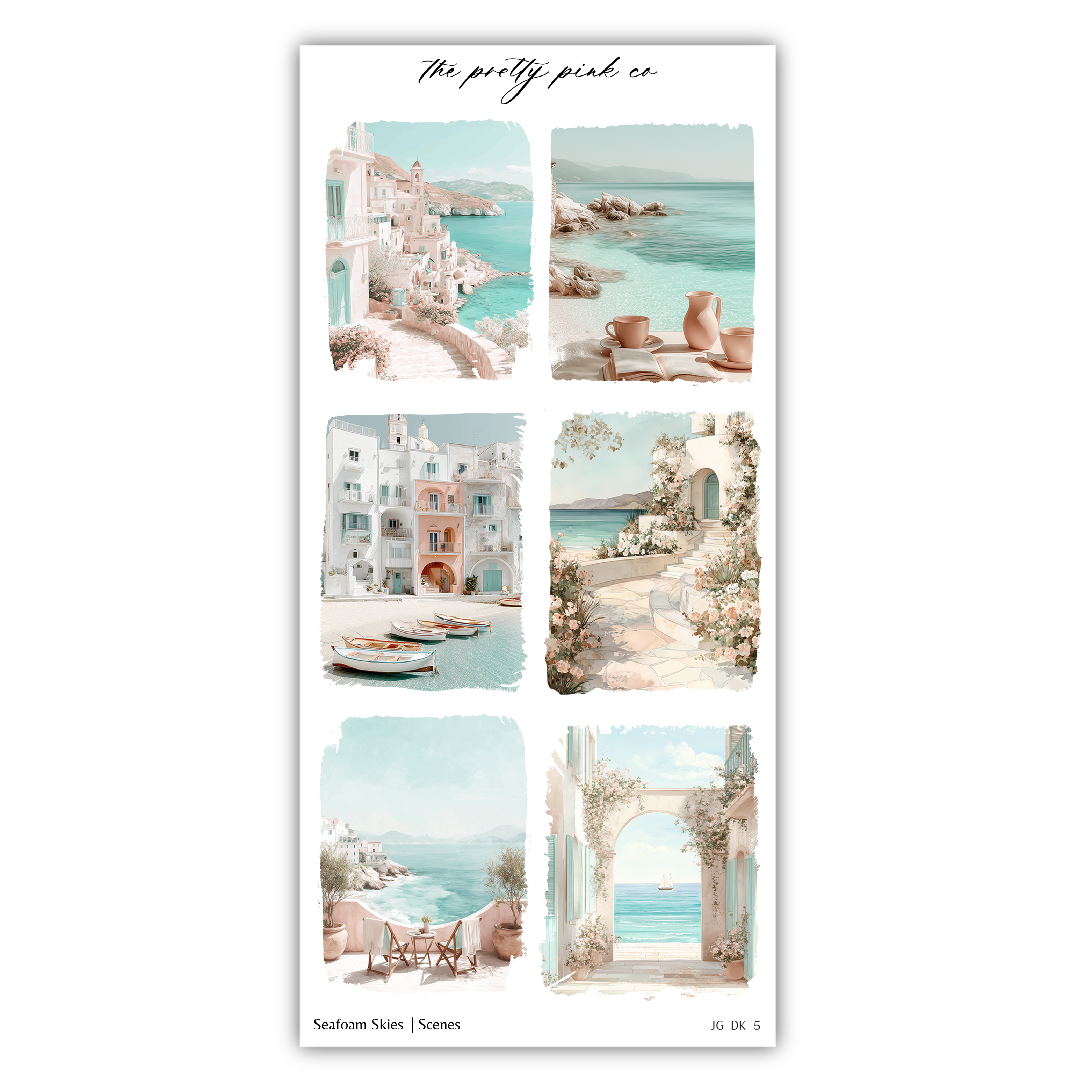 The image is a collage of six pictures depicting various scenic coastal landscapes, including buildings, boats, and natural elements like flowers and water.