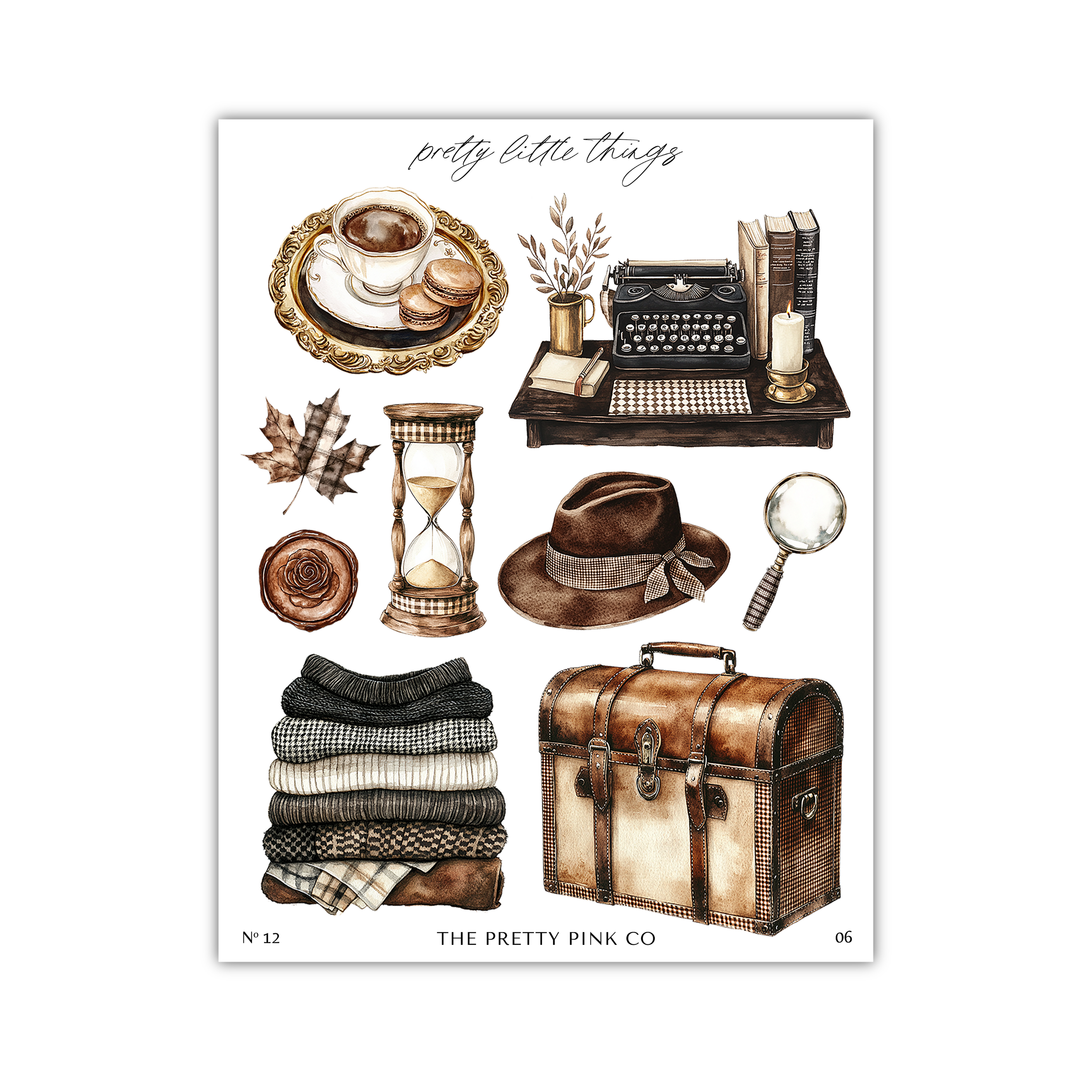 The image is a collection of various objects, including a cup, a typewriter, a book, a hat, a suitcase, a magnifying glass, a clock, a candle, a stack of clothes, and a vase.