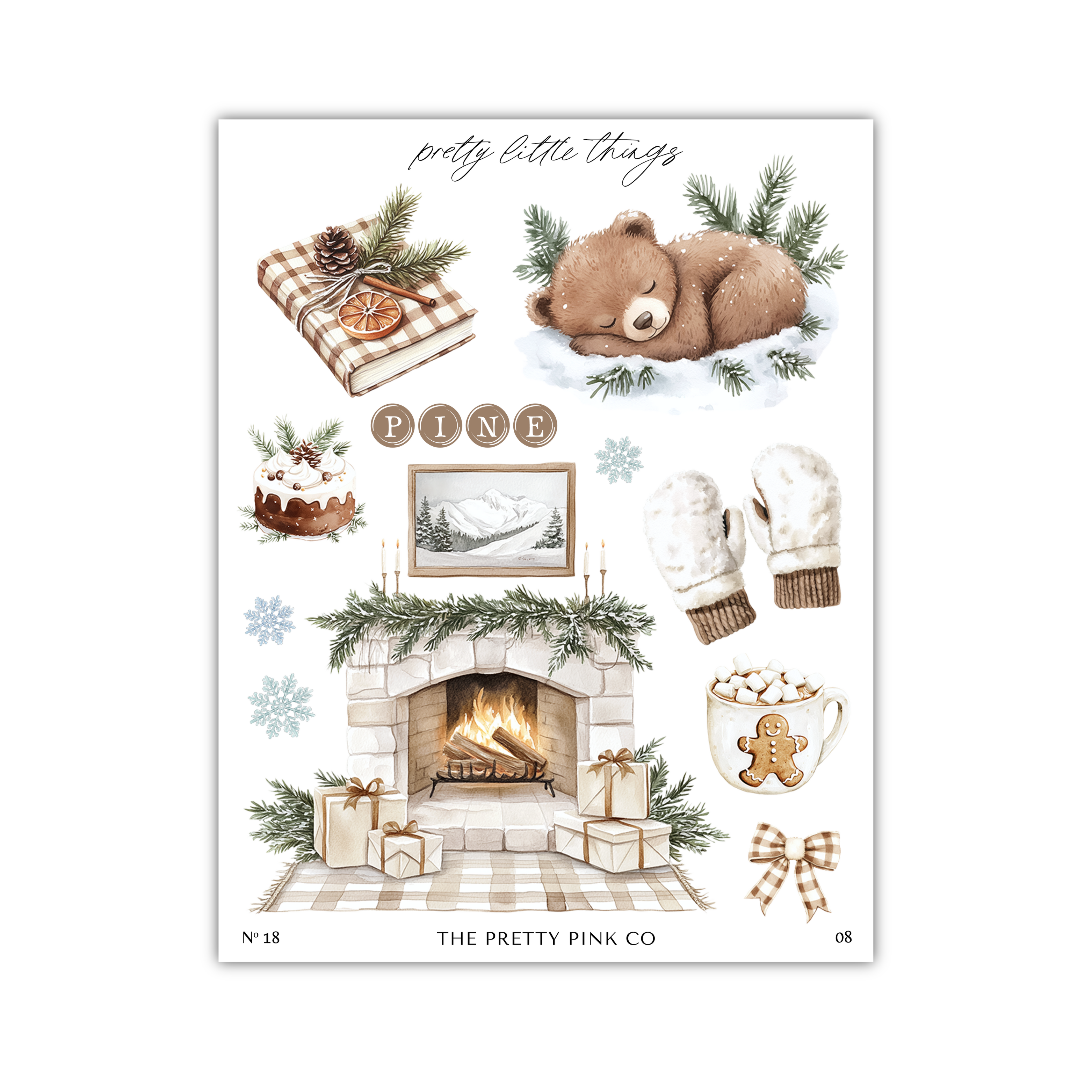 The image is a collage of various Christmas-themed items, including a bear, pine tree, fireplace, presents, gingerbread man, and other holiday decorations.