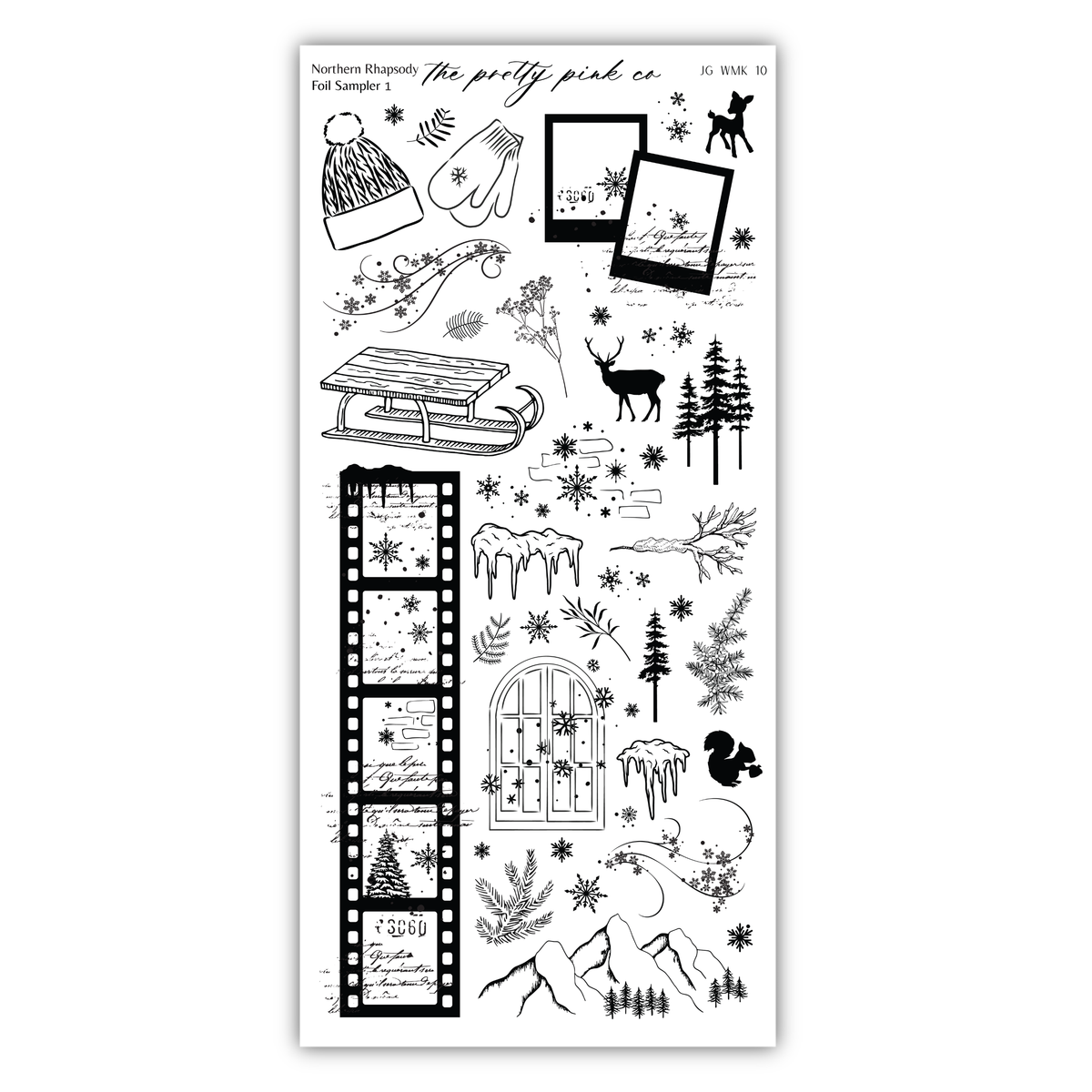 various winter-themed illustrations and objects, including a sled, snowflakes, pine trees, and other snowy scenes.