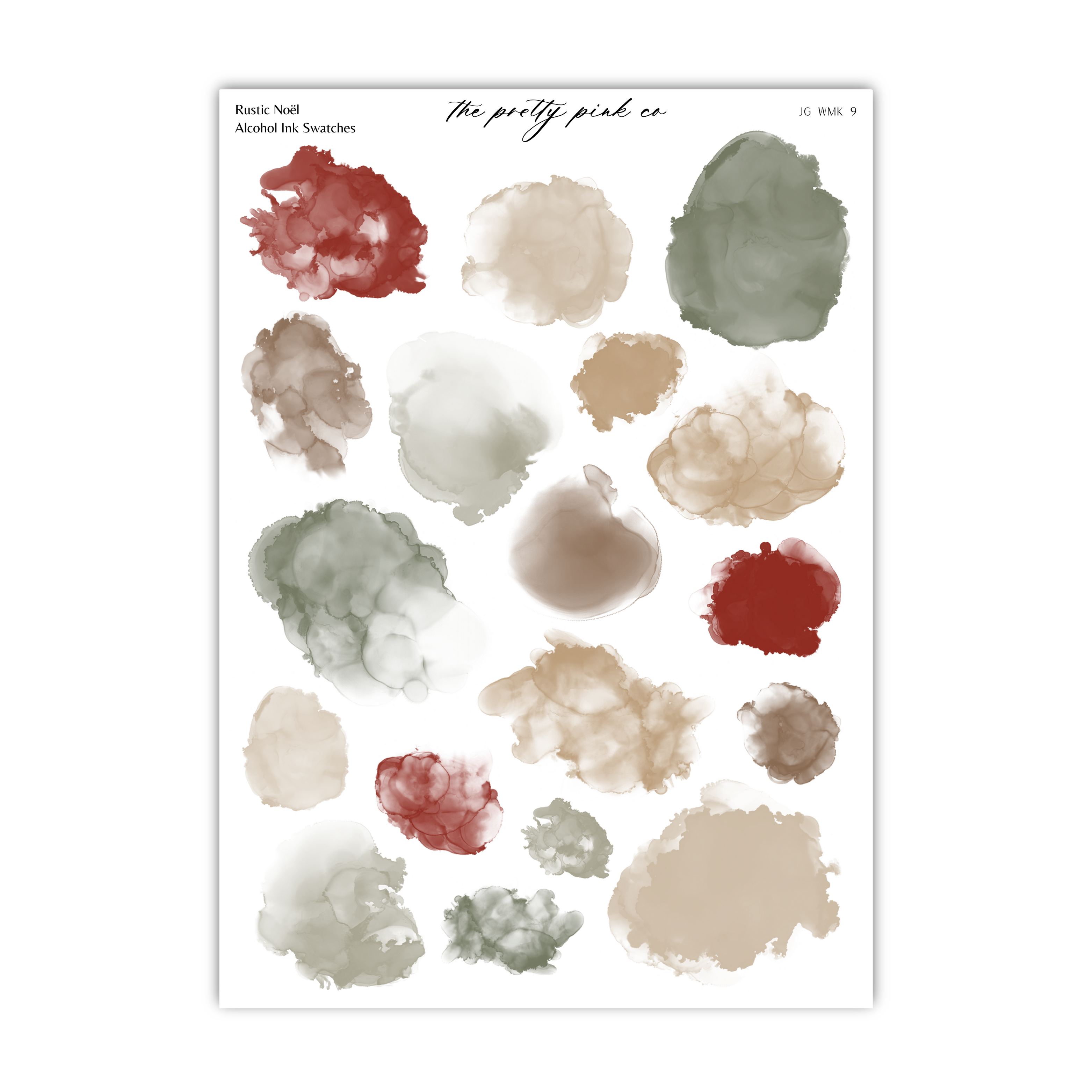 a collection of abstract watercolor brushstrokes in various shades of brown, green, and red, arranged in a grid-like pattern.