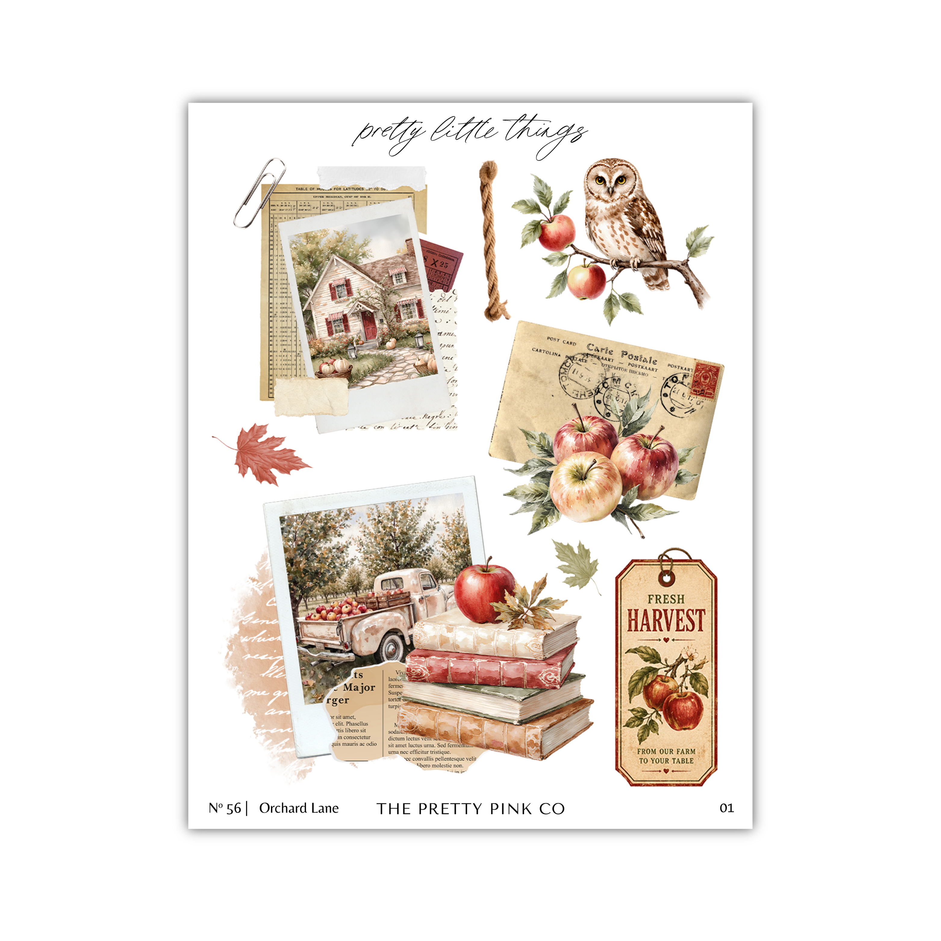 The image is a collage of various autumn-themed elements, including a house, an owl, apples, a truck, and books. The collage is titled "pretty little things" and includes a note about "The pretty pink co" and a note about "The pretty pink co" from "The pretty pink co" and "The pretty pink co" respectively.