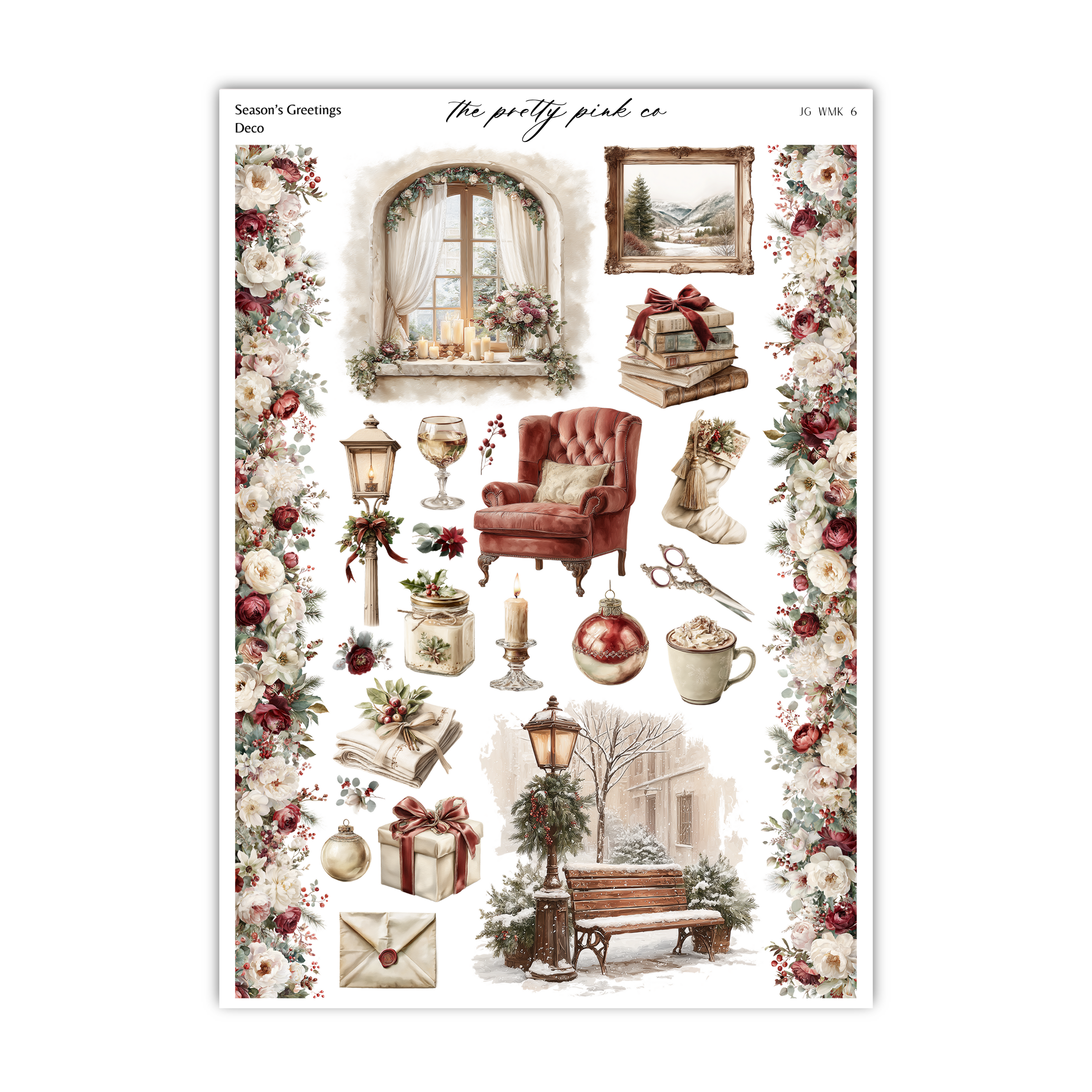a sheet of stickers with a chair and christmas decorations