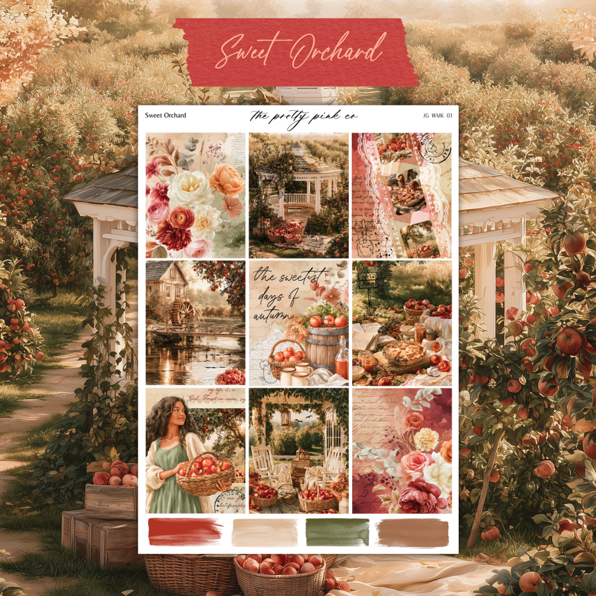 The image is a collage of various images depicting a beautiful orchard scene, including apple trees, a gazebo, and baskets of apples.