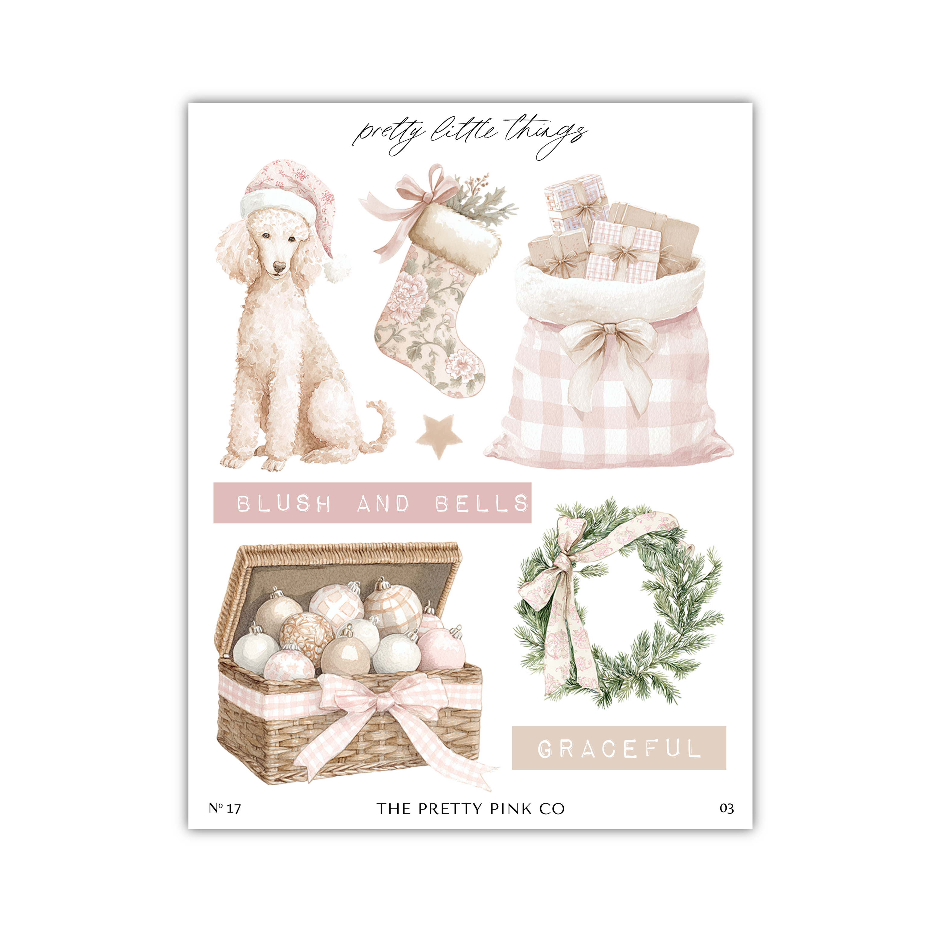 The image is a collage of various Christmas-themed items, including a poodle, a stocking, a wreath, and a basket filled with ornaments.