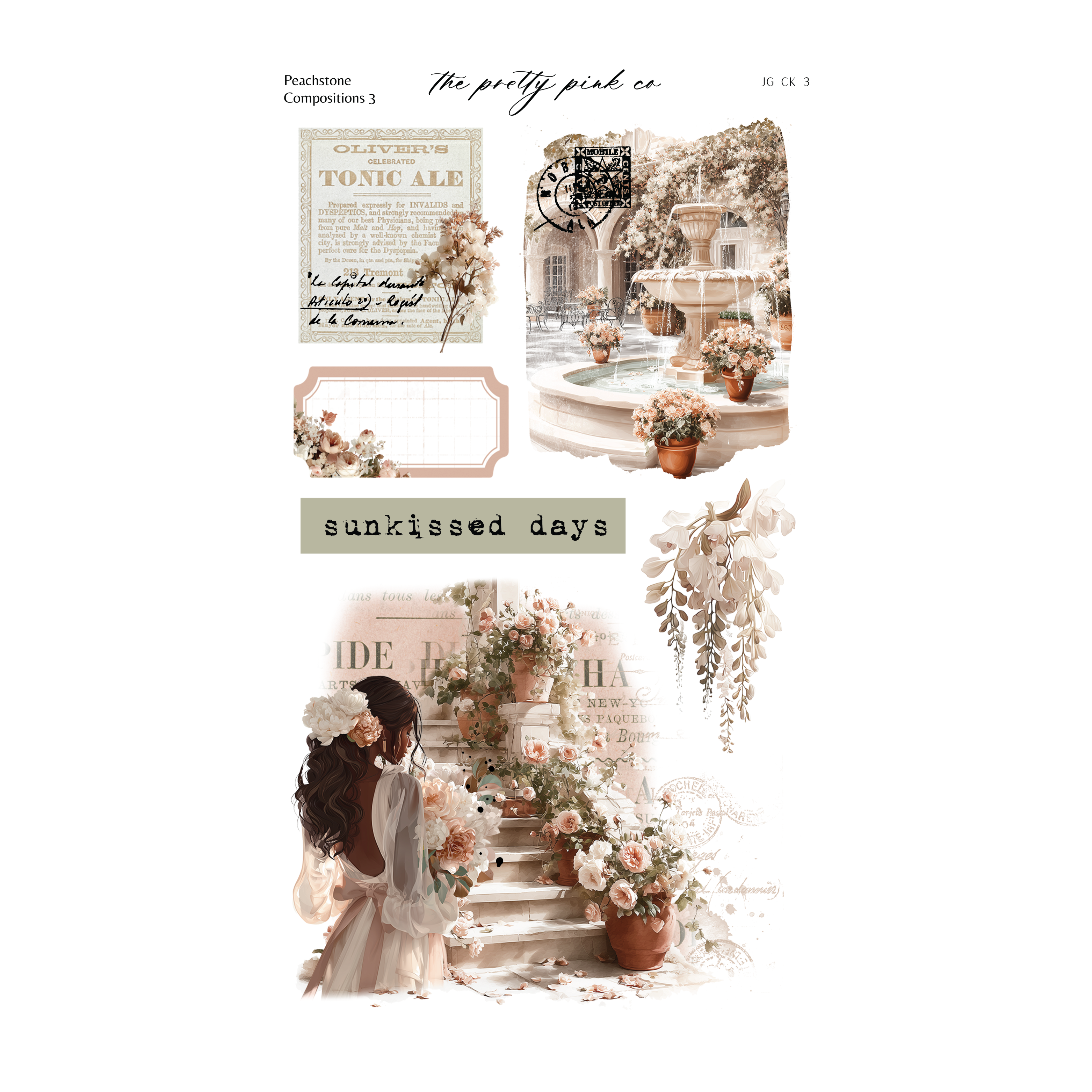 The image is a collage of various floral and decorative elements, including a fountain, potted plants, and a woman in a flowing dress. The overall color scheme is soft and pastel, with a focus on the delicate and romantic nature of the flowers and the woman's attire.