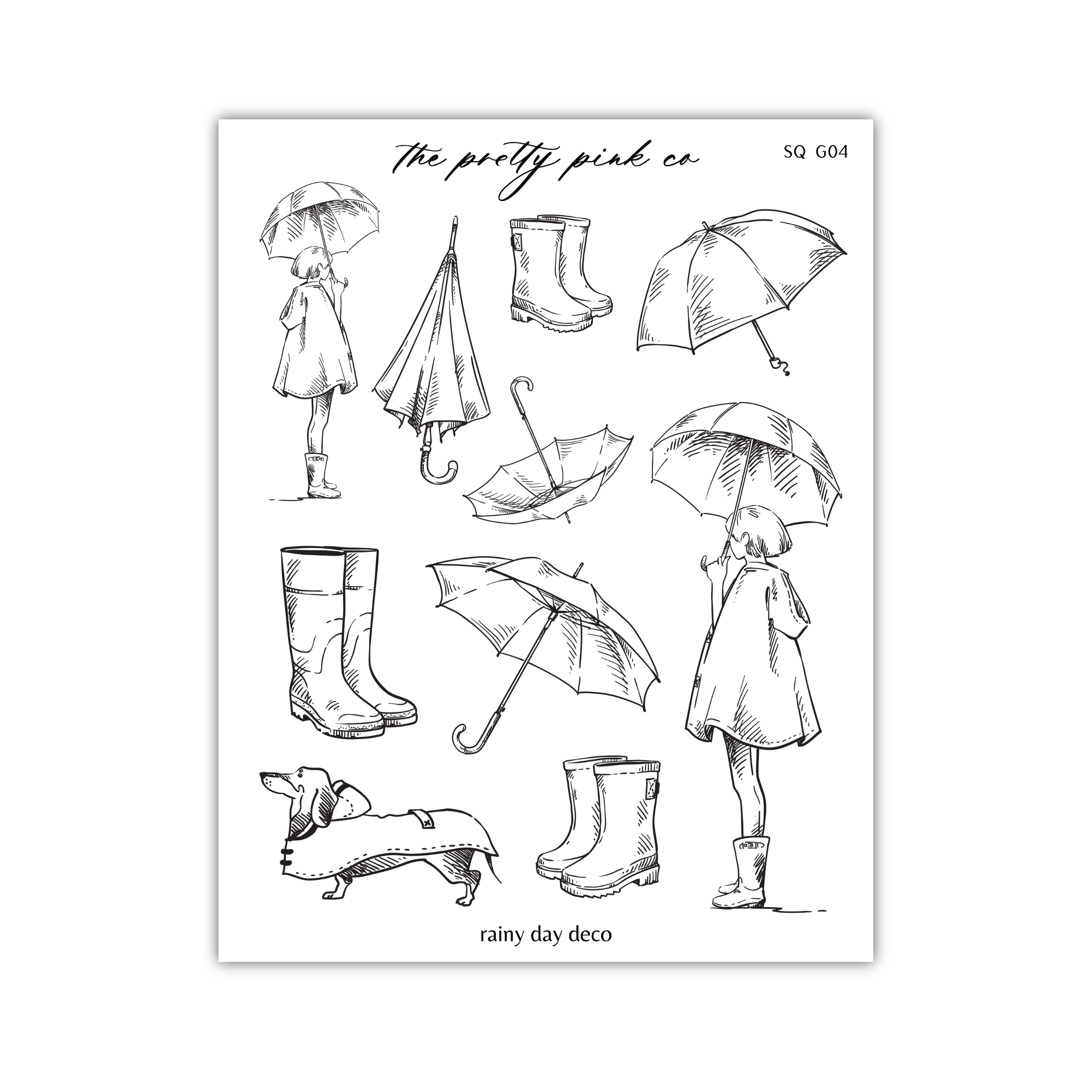 a black and white drawing of a girl with umbrellas and boots