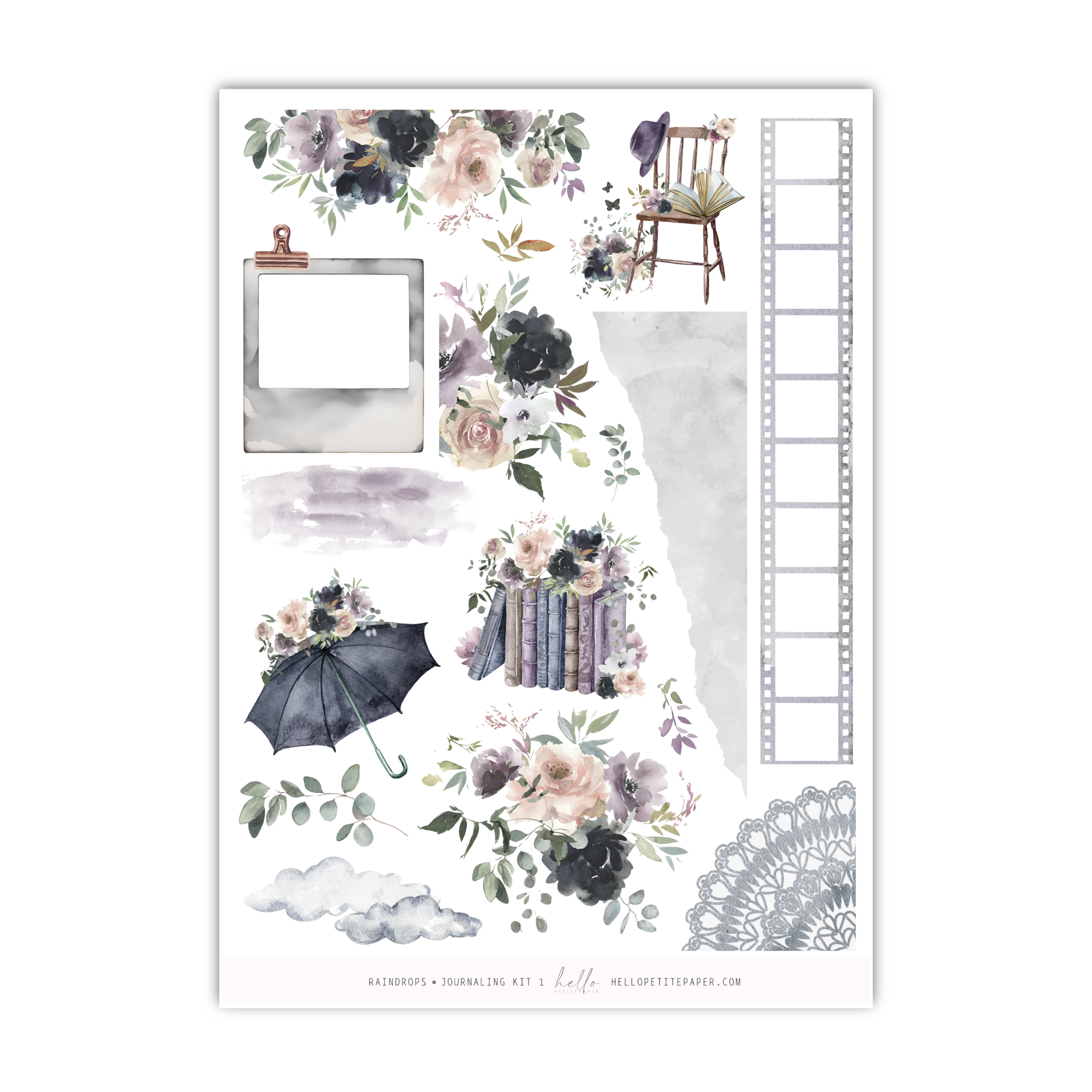 a sticker sheet with flowers and an umbrella