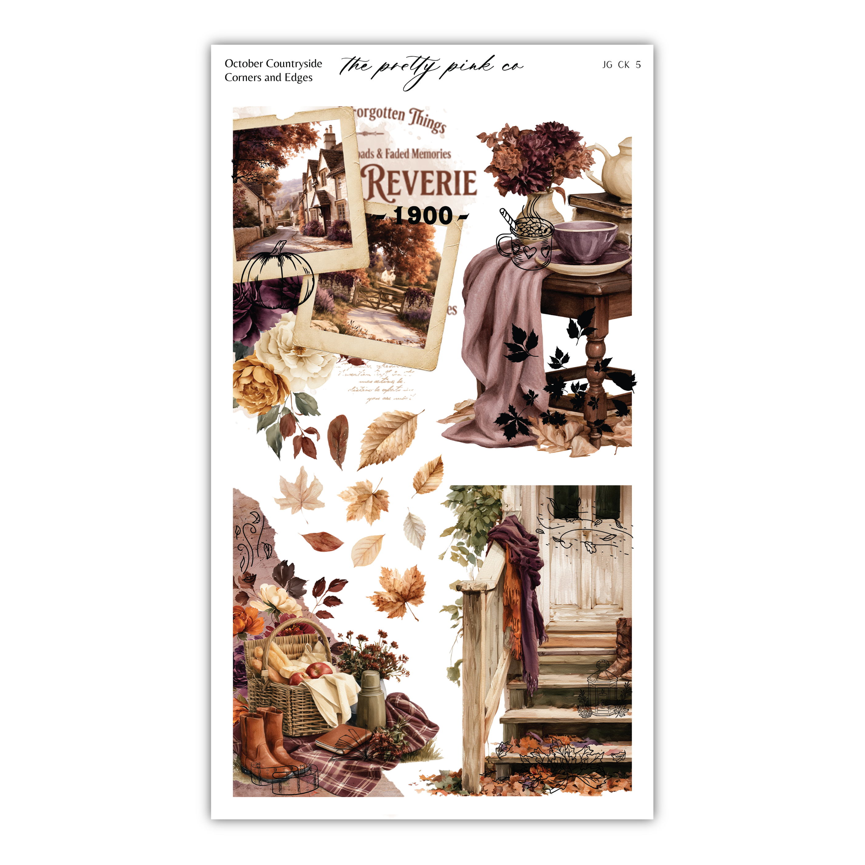 The image is a collage of various autumn-themed elements, including flowers, leaves, a vase, a table, and a person. The collage is titled "The pretty pink co" and features a vintage-style illustration of a woman in a purple dress.