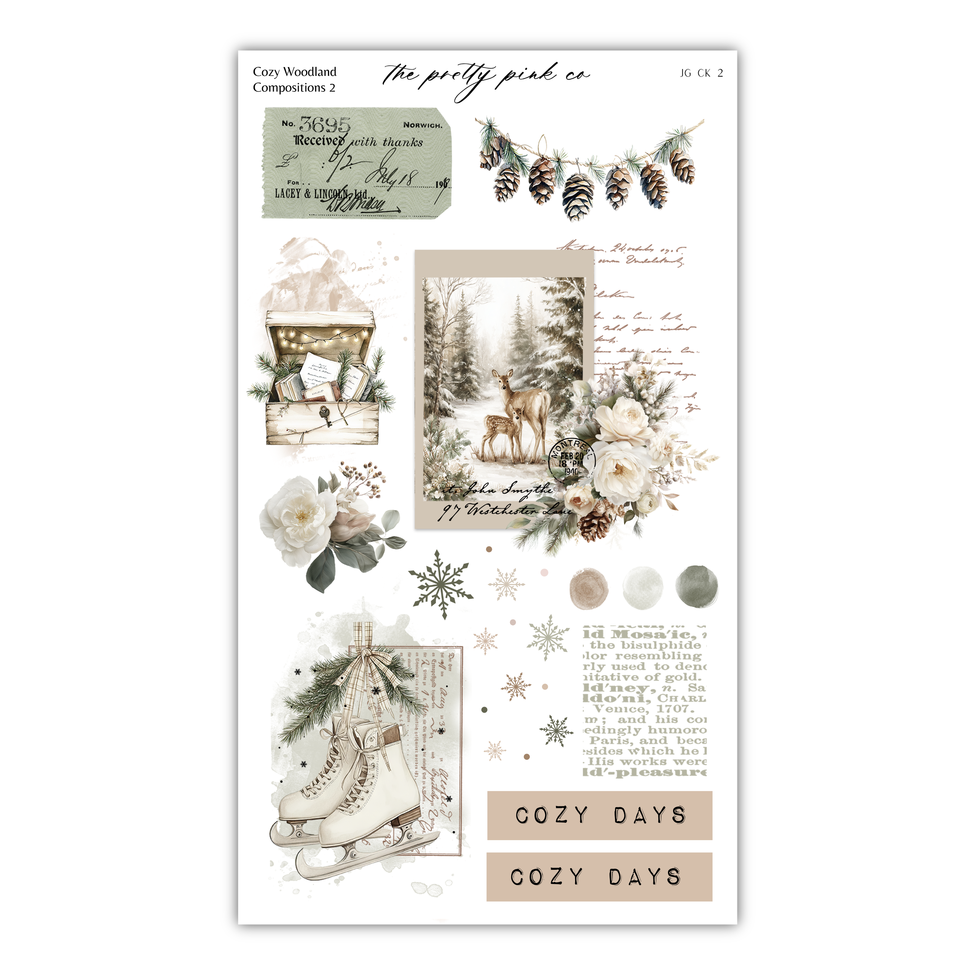 The image is a collage of various winter-themed elements, including pine cones, a deer, flowers, and a pair of skis. The collage is titled "The pretty pink co" and includes text such as "COY WOODLAND COMPOSitions 2", "No. 76595", "Lacey & Linney", "Christmas", "The pretty pink co", "Christmas", "The pretty pink co", "COY DAYS", "COY DAYS", and "The pretty pink co".