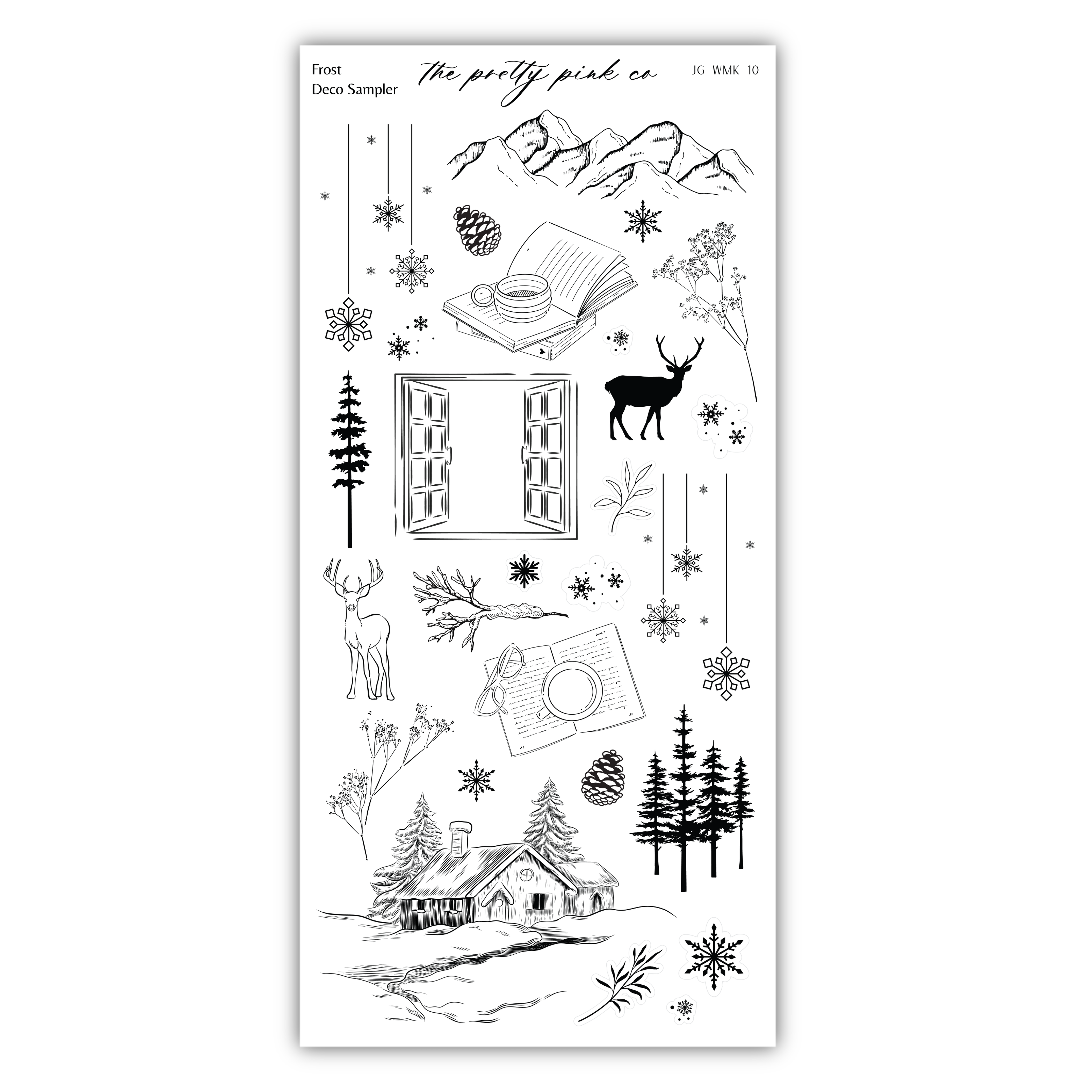 a sheet of clear clear stamps with a window and snowflakes