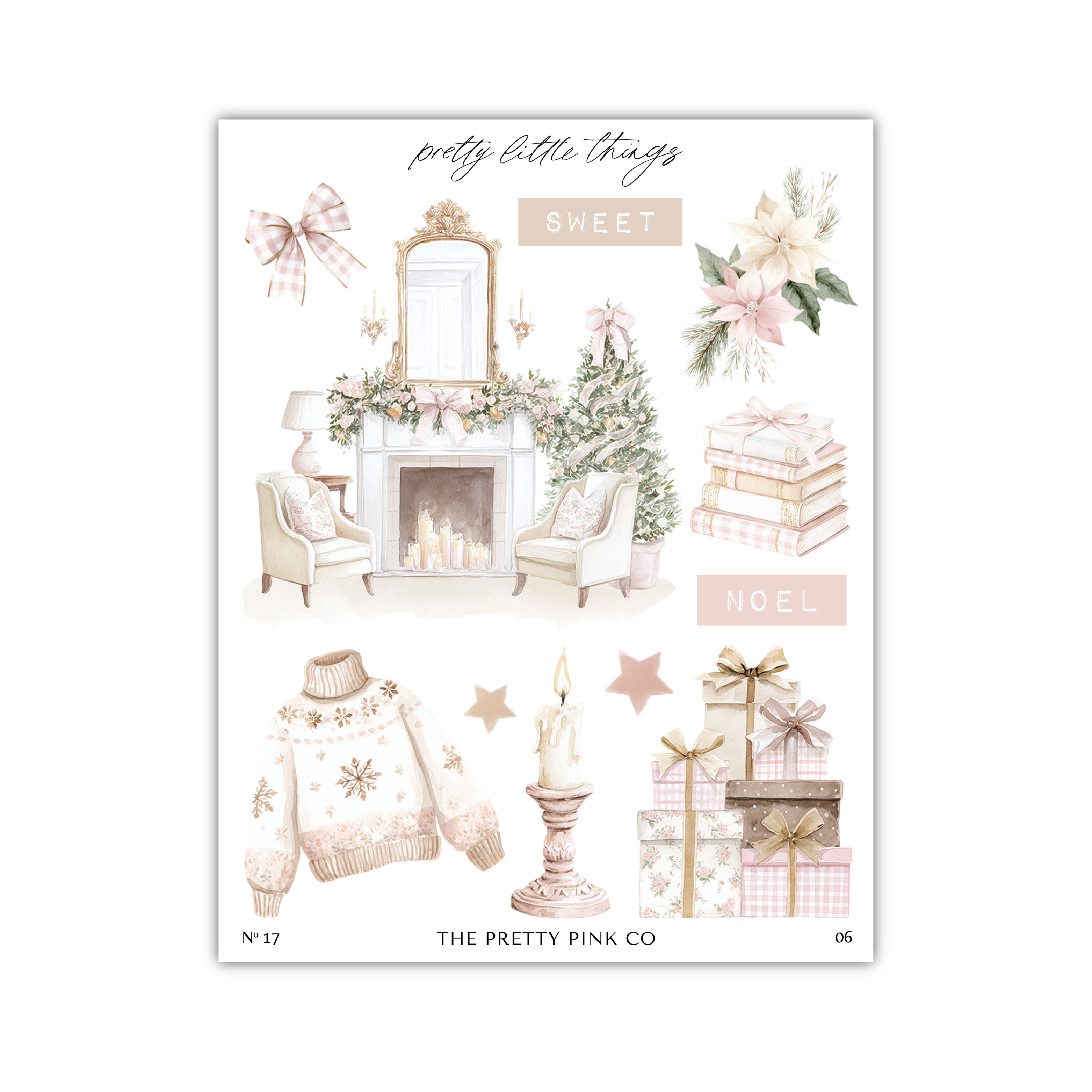 various decorative elements and objects associated with Christmas and holiday themes, including a fireplace, a Christmas tree, presents, and other festive items.