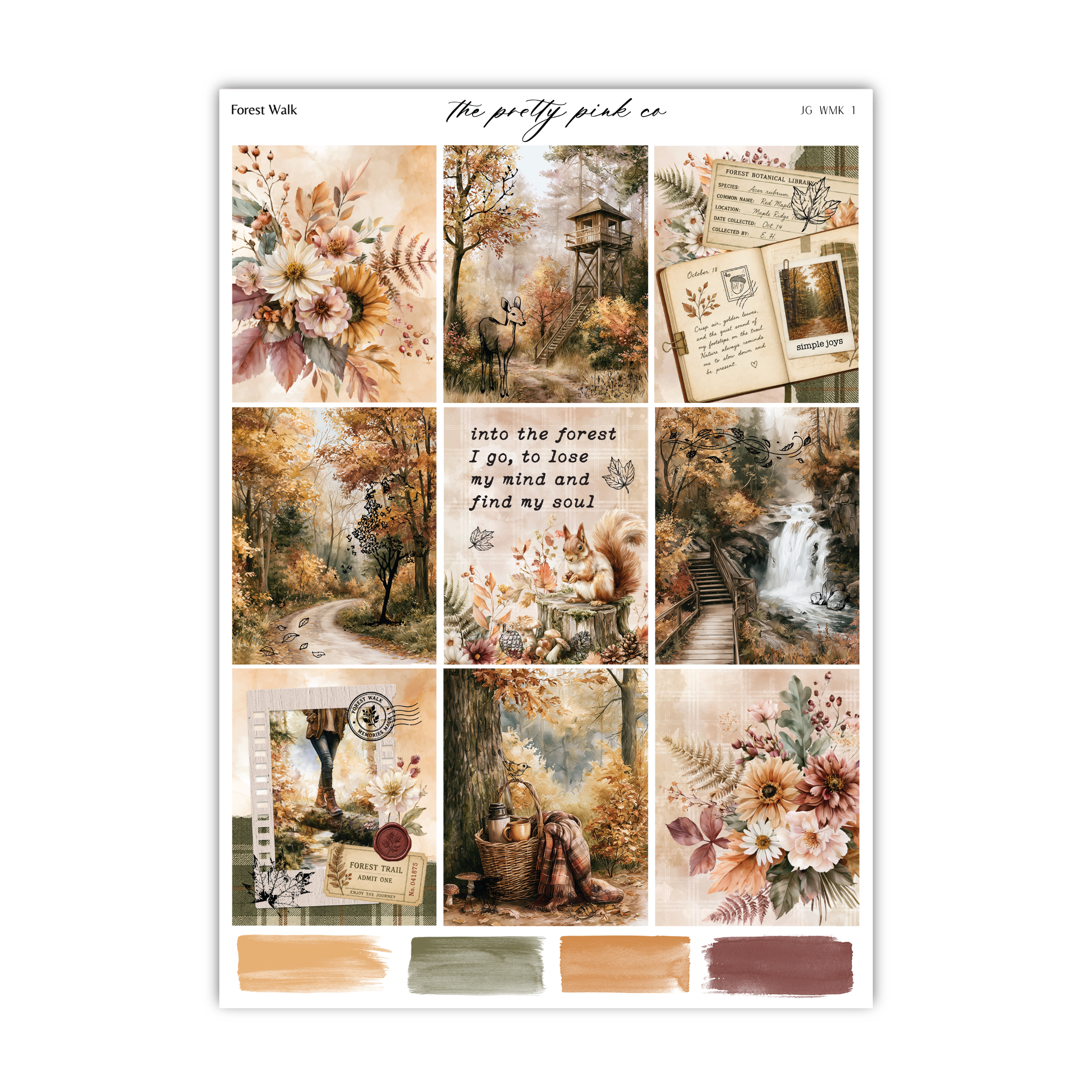The image is a collage of various autumn-themed images, including a forest scene, a waterfall, flowers, and a squirrel. The collage is titled "The pretty pink co" and includes text that reads "into the forest I go, to lose my mind and find my soul".
