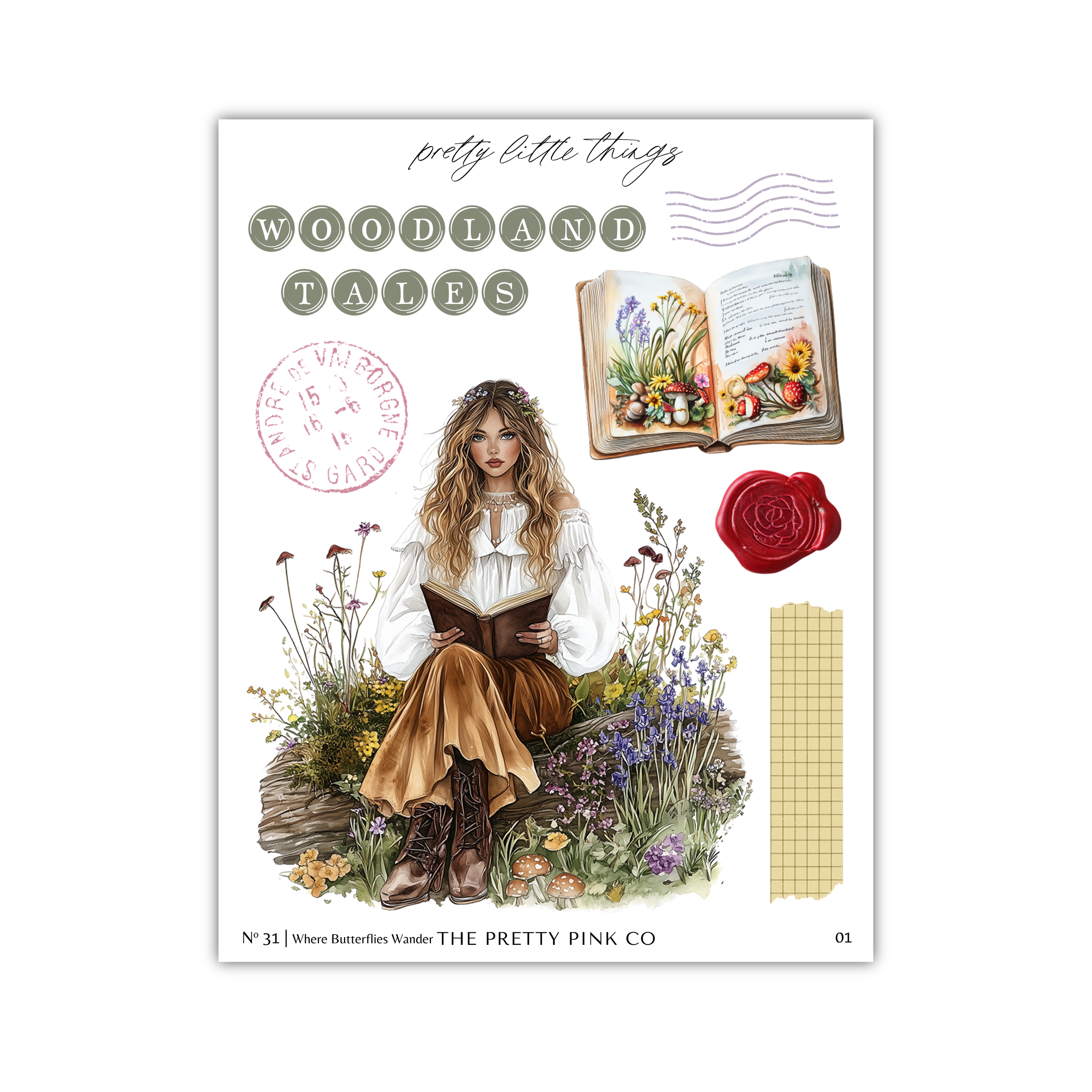 The image is a collage featuring a woman sitting in a garden surrounded by flowers and plants, reading a book.