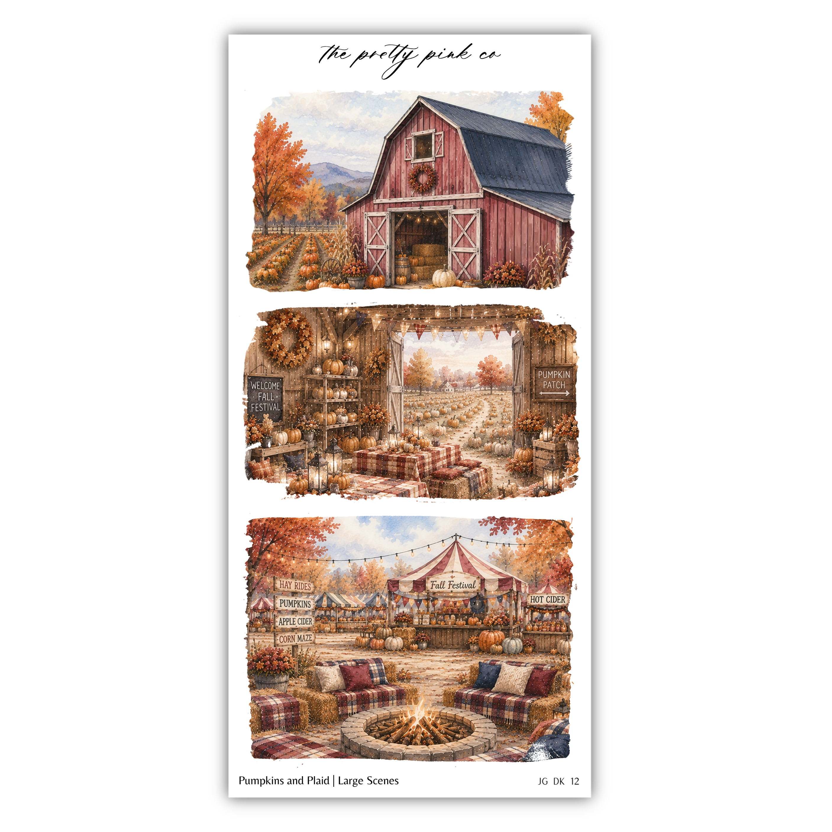 The image is a collage of three pictures depicting a rustic farm scene with a barn, a pumpkin patch, and a fall-themed market.