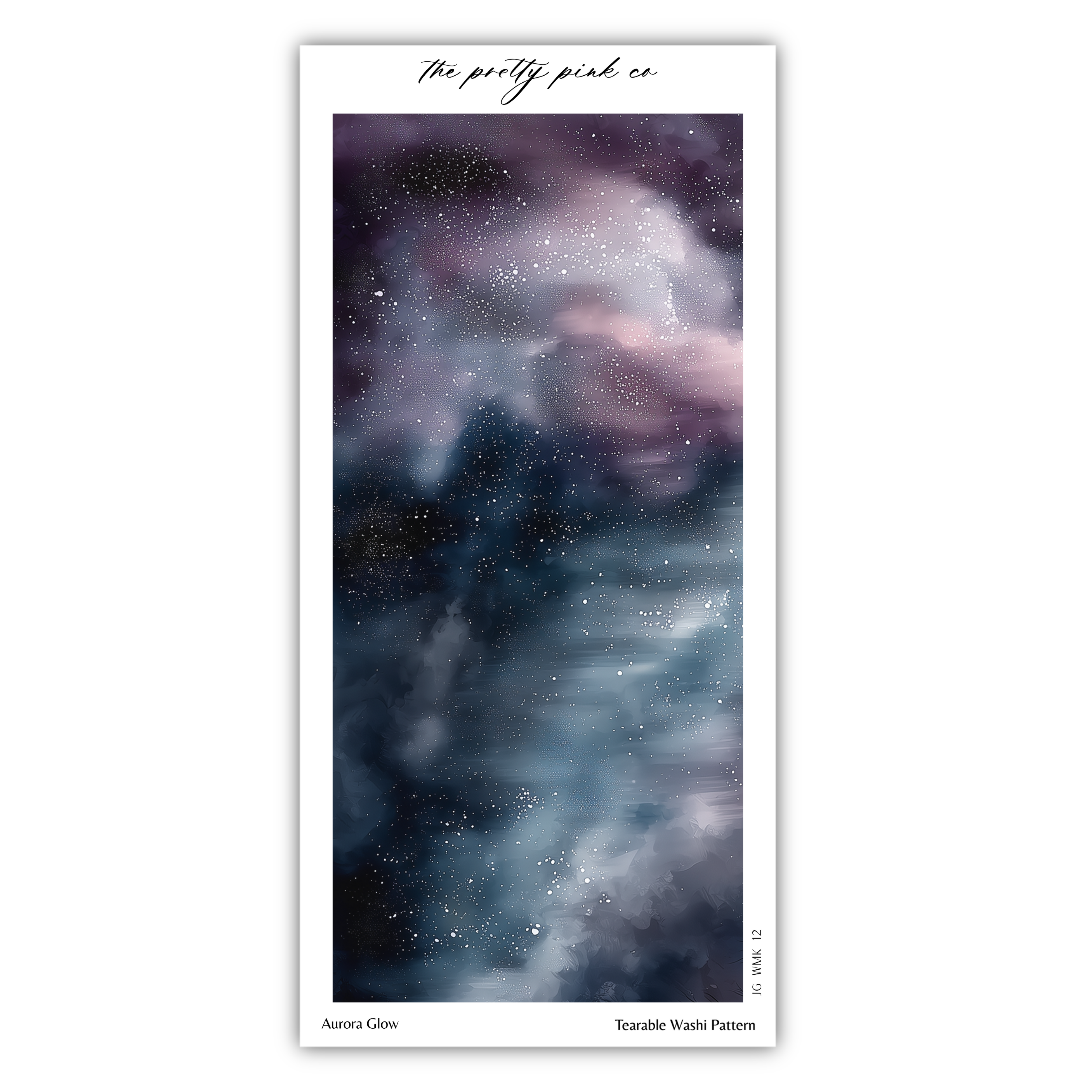 The image is a digital art piece featuring a starry night sky with swirling clouds and twinkling stars. The artwork is titled "The pretty pink co" and is described as a "Terrable Washi Pattern". The artist's name, Aurora glow, is also mentioned.