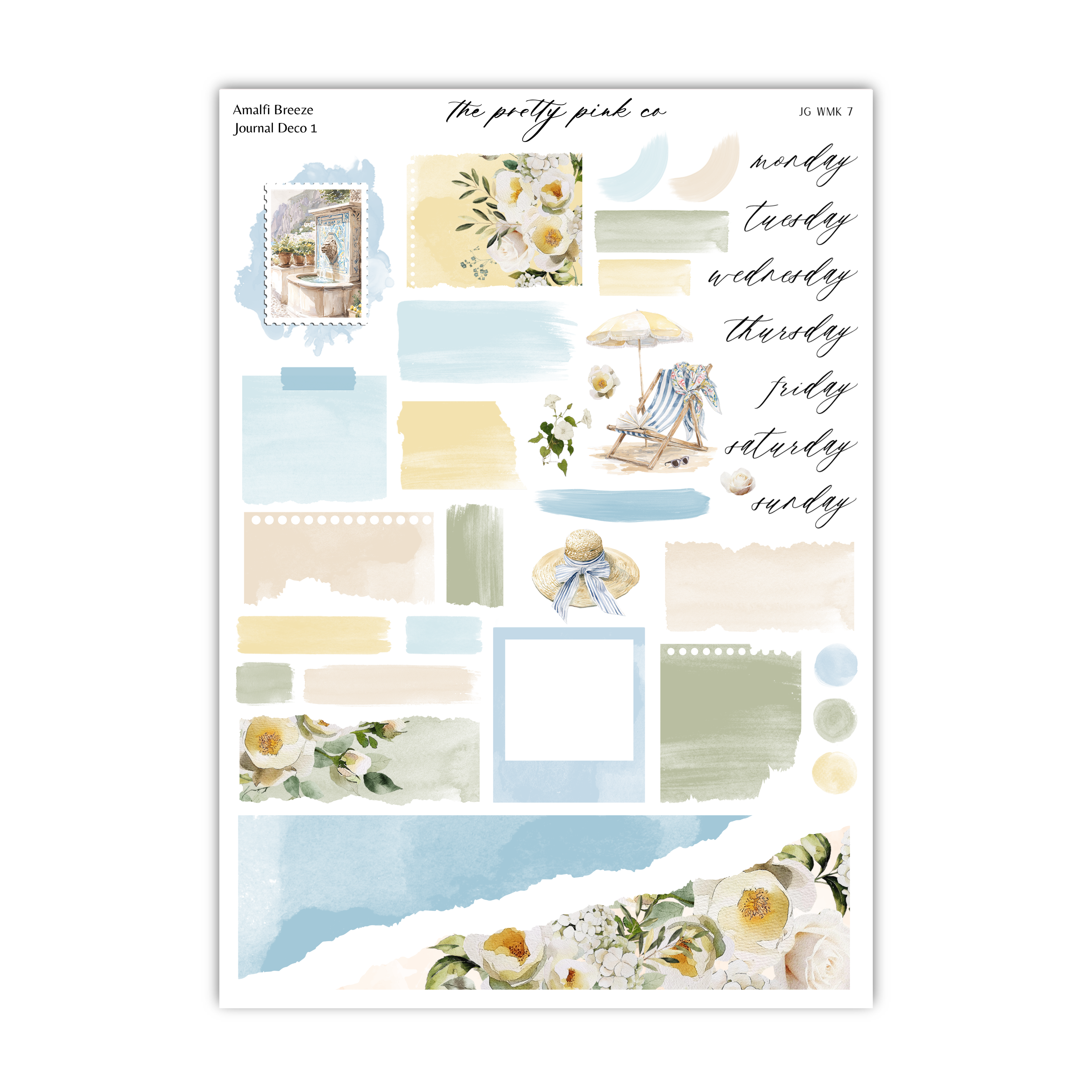 The image is a collage of various watercolor-style images, including floral and beach-themed elements, arranged in a visually appealing manner.