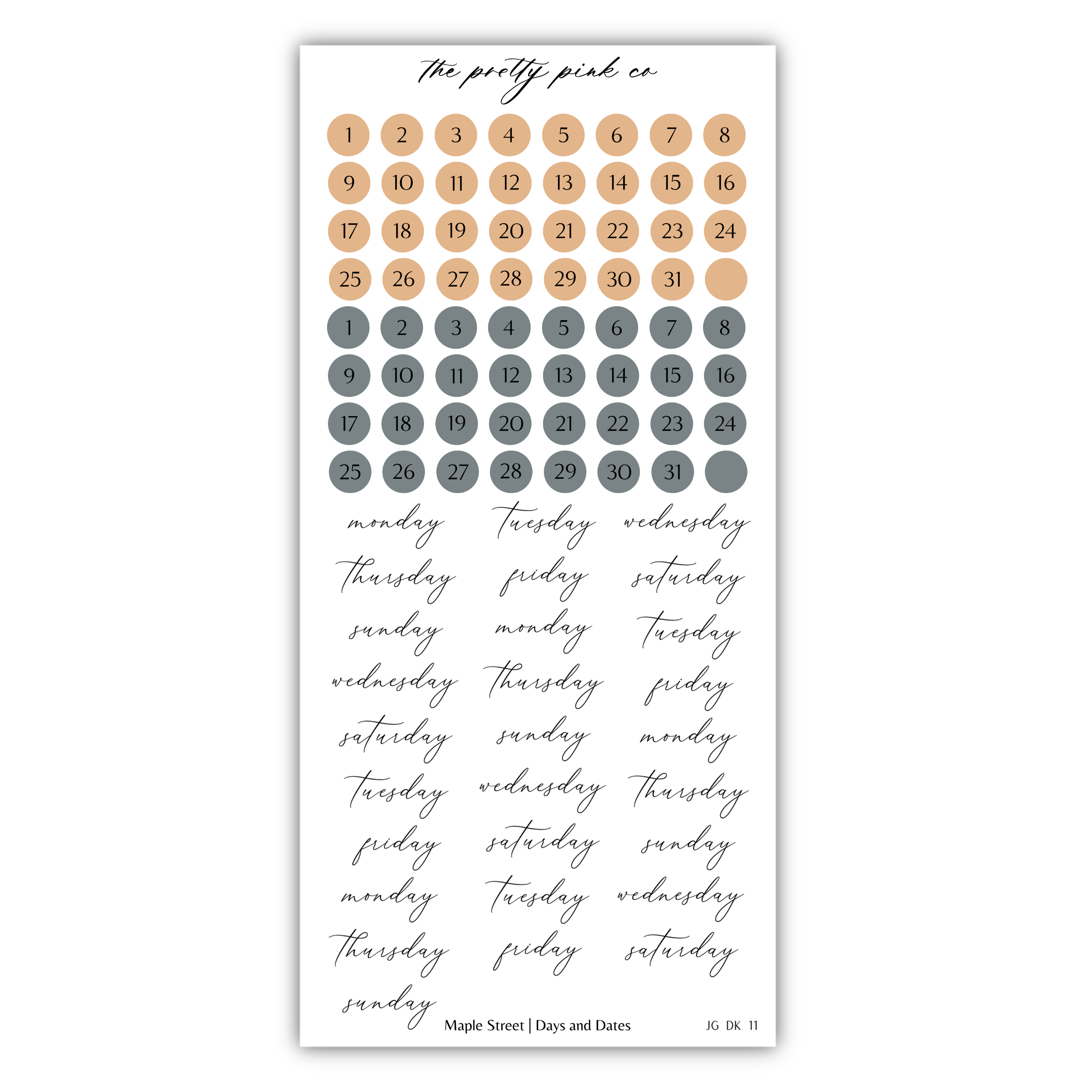 The image is a calendar with a grid of numbers representing the days of the week, and a list of days written in cursive.