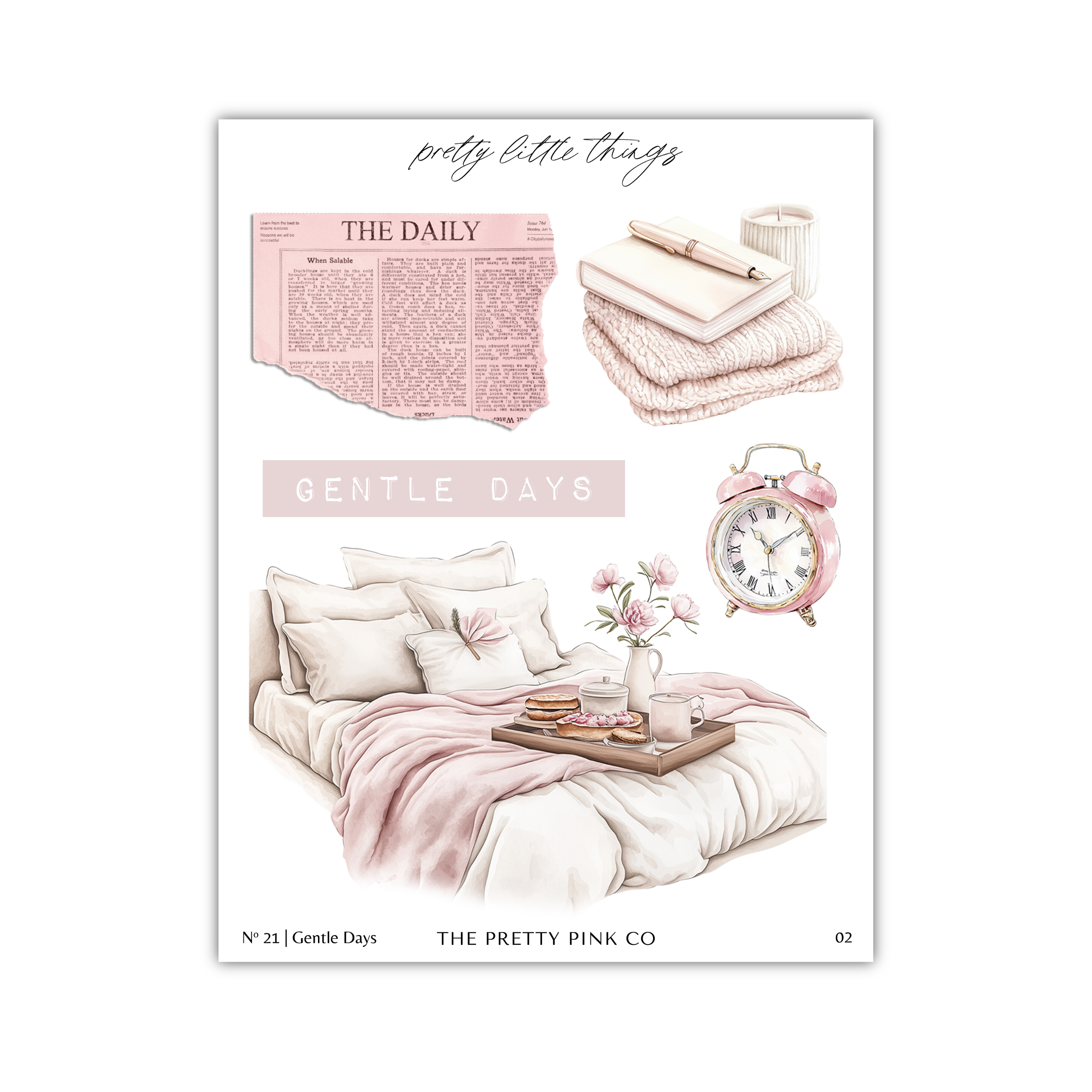 The image is a collage of various objects and scenes related to the theme of "Gentle Days" from the magazine "The Daily". The collage includes a newspaper, a book, a clock, a vase with flowers, and a tray with food and drinks. The text "pretty little things" is written above the collage, and the magazine title "The Daily" is visible.