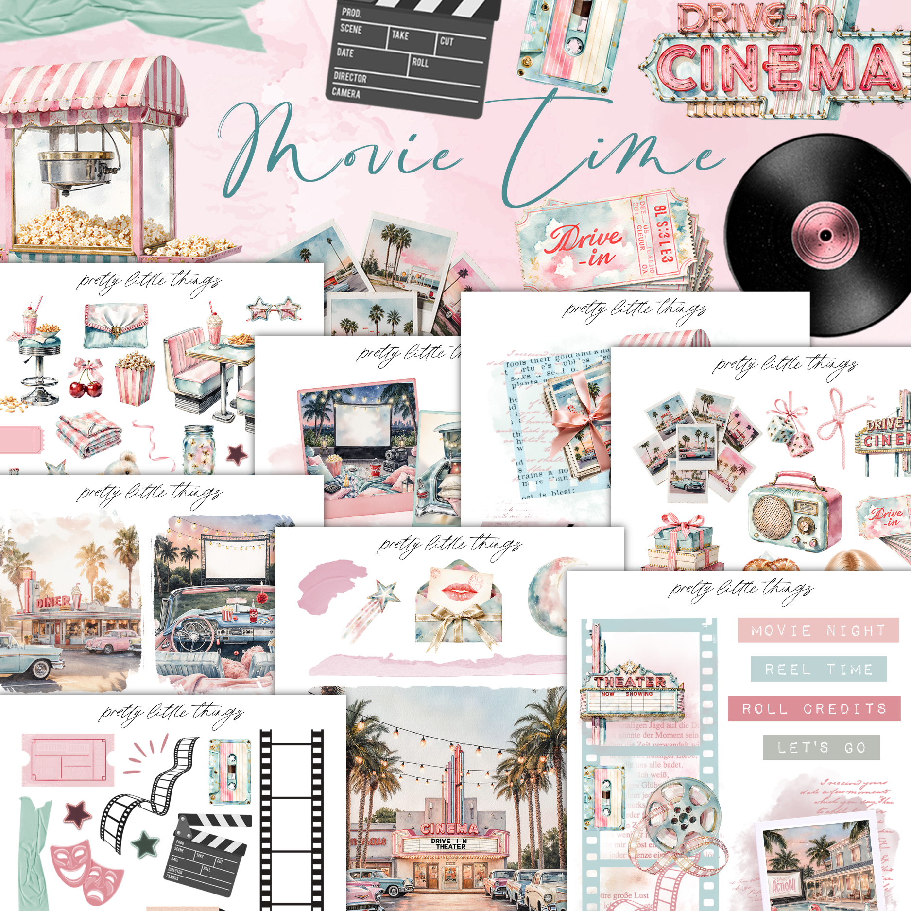 The image is a collage of various vintage-style images, including scenes from a drive-in movie theater, a vintage car, and other nostalgic elements. The collage is titled "Movie Time" and includes text such as "drive in", "cinema", and "polly little things".