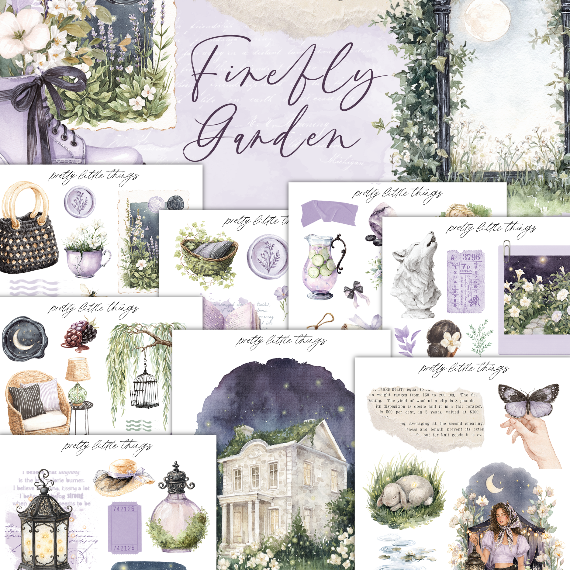 The image is a collage of various illustrations and objects, including flowers, a house, a handbag, and other decorative elements, all set against a purple and green background.