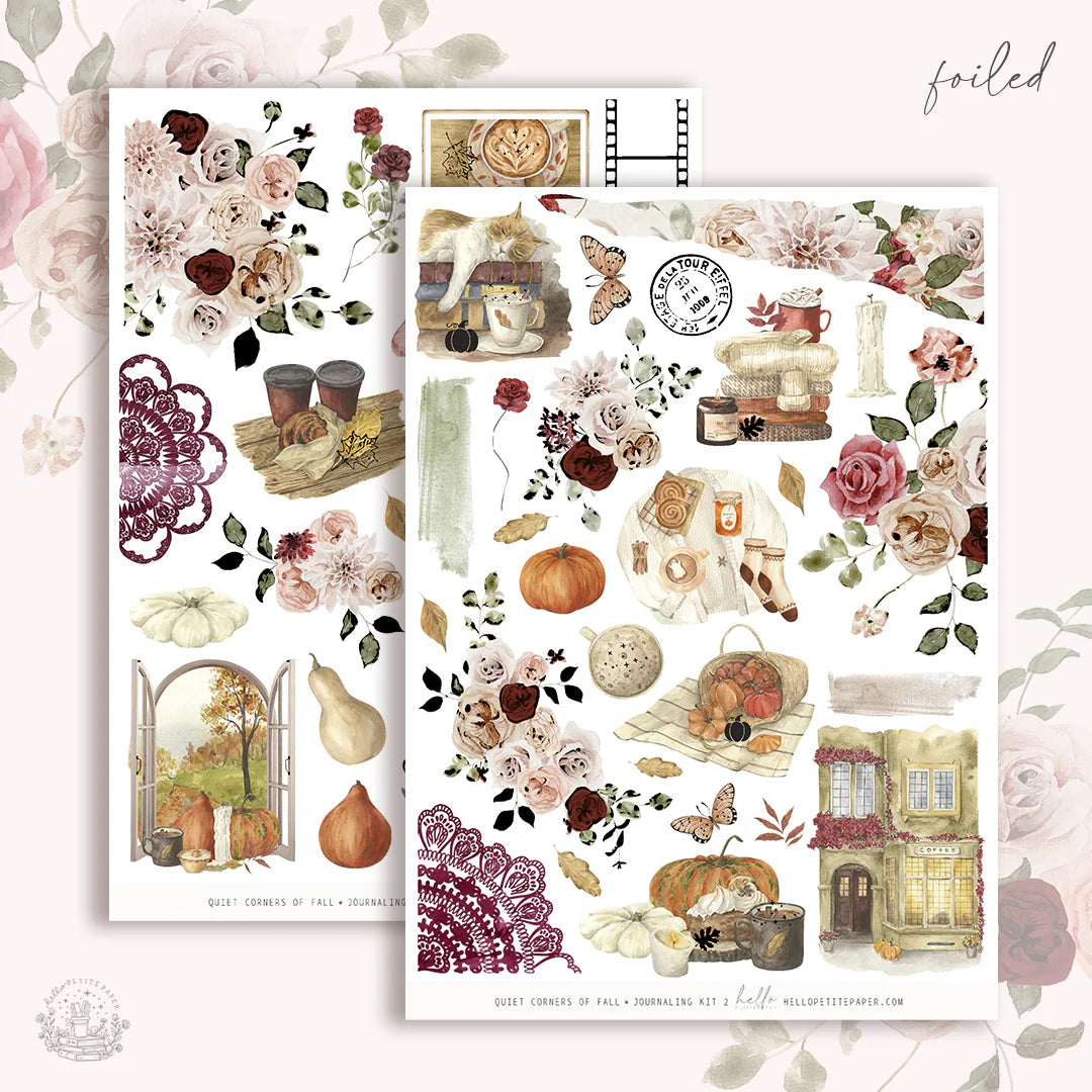 The image is a collage of various autumn-themed elements, including flowers, pumpkins, leaves, and other seasonal objects.