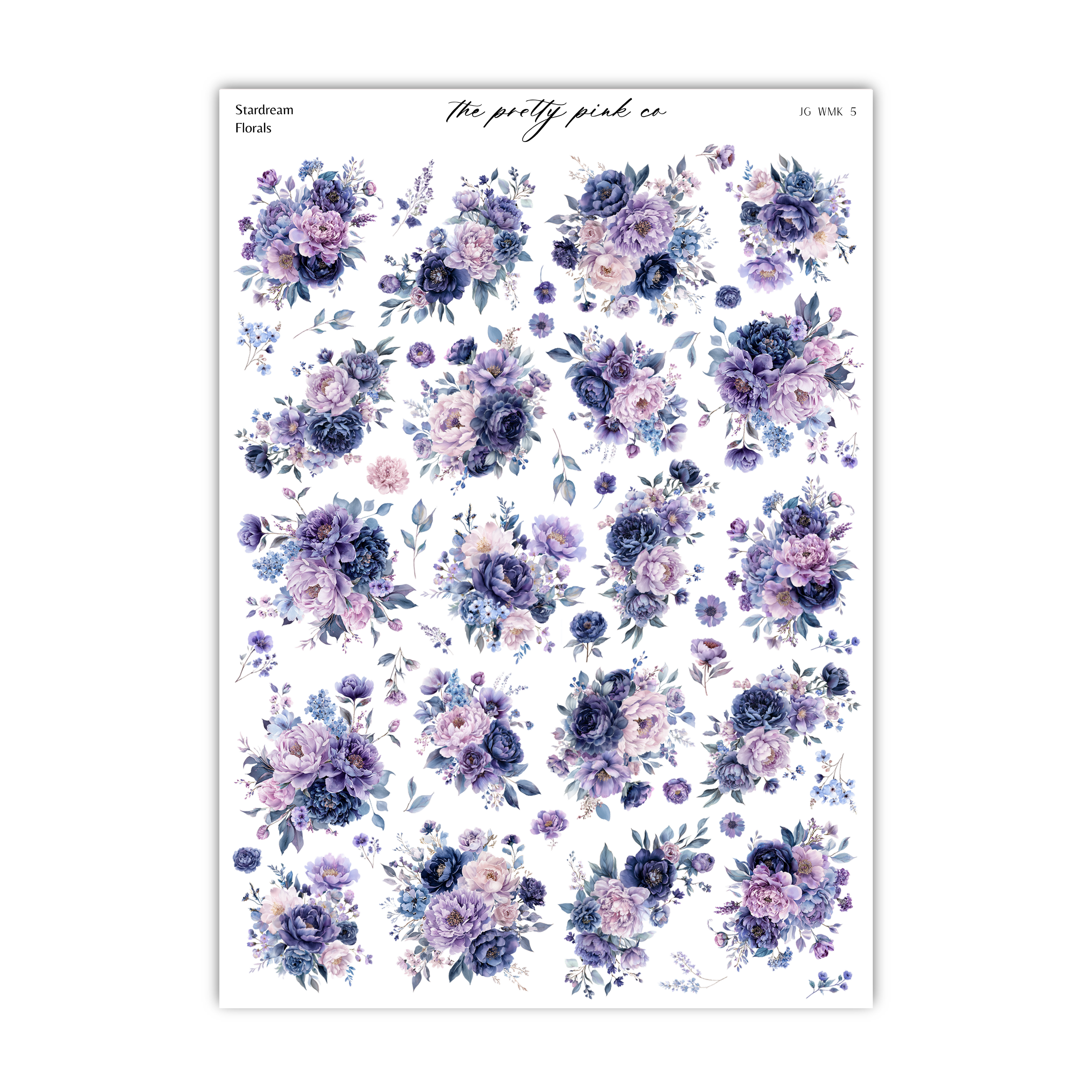 a collection of various floral designs, including different types of flowers and leaves, arranged in a grid-like pattern. The flowers are predominantly purple and blue, creating a visually appealing and harmonious composition.