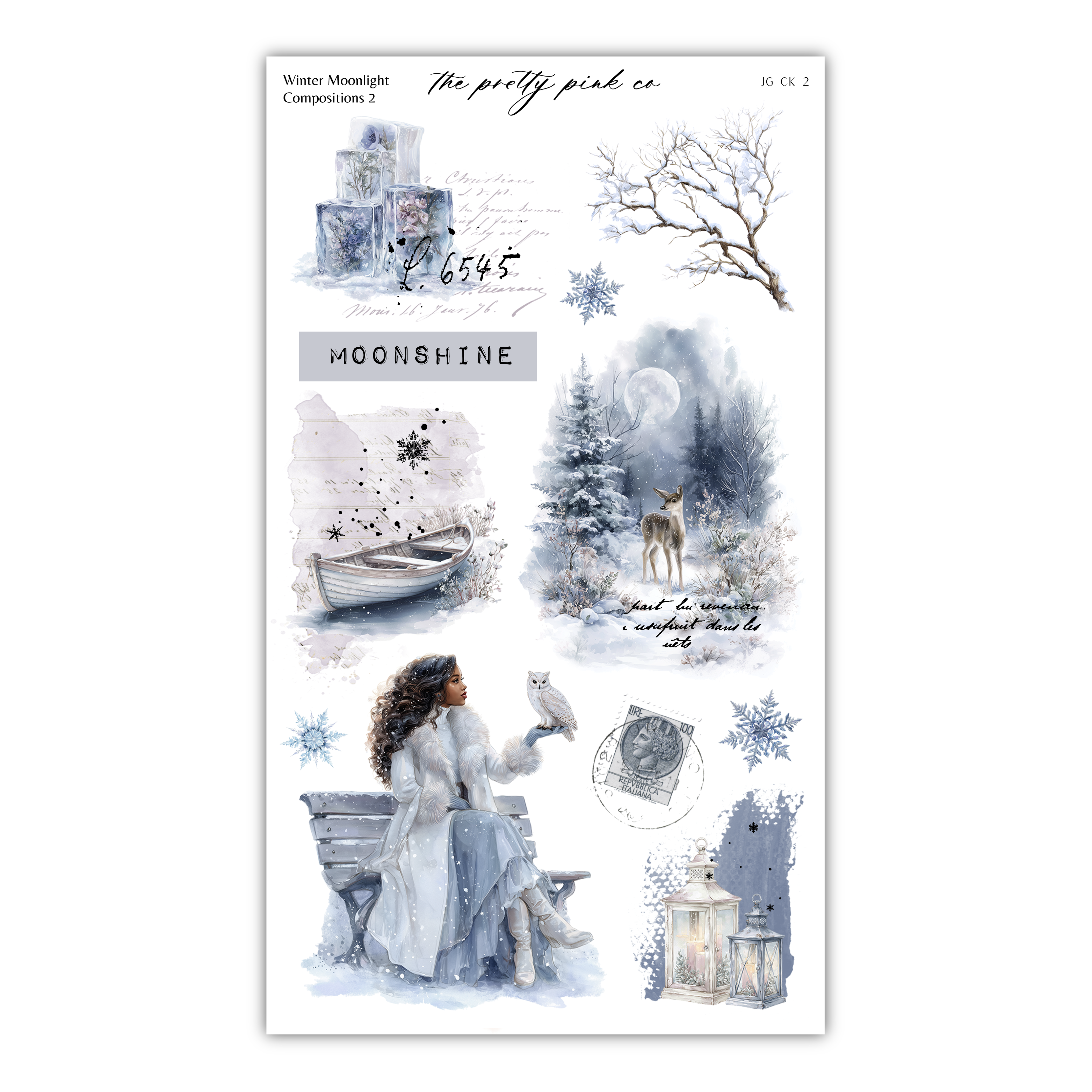 The image is a collage of various winter-themed elements, including a woman sitting on a bench, a deer, a boat, and snowflakes. The collage is titled "Winter Moonlight Composition 2" and includes the text "The pretty pink co" and "IK CG 2".