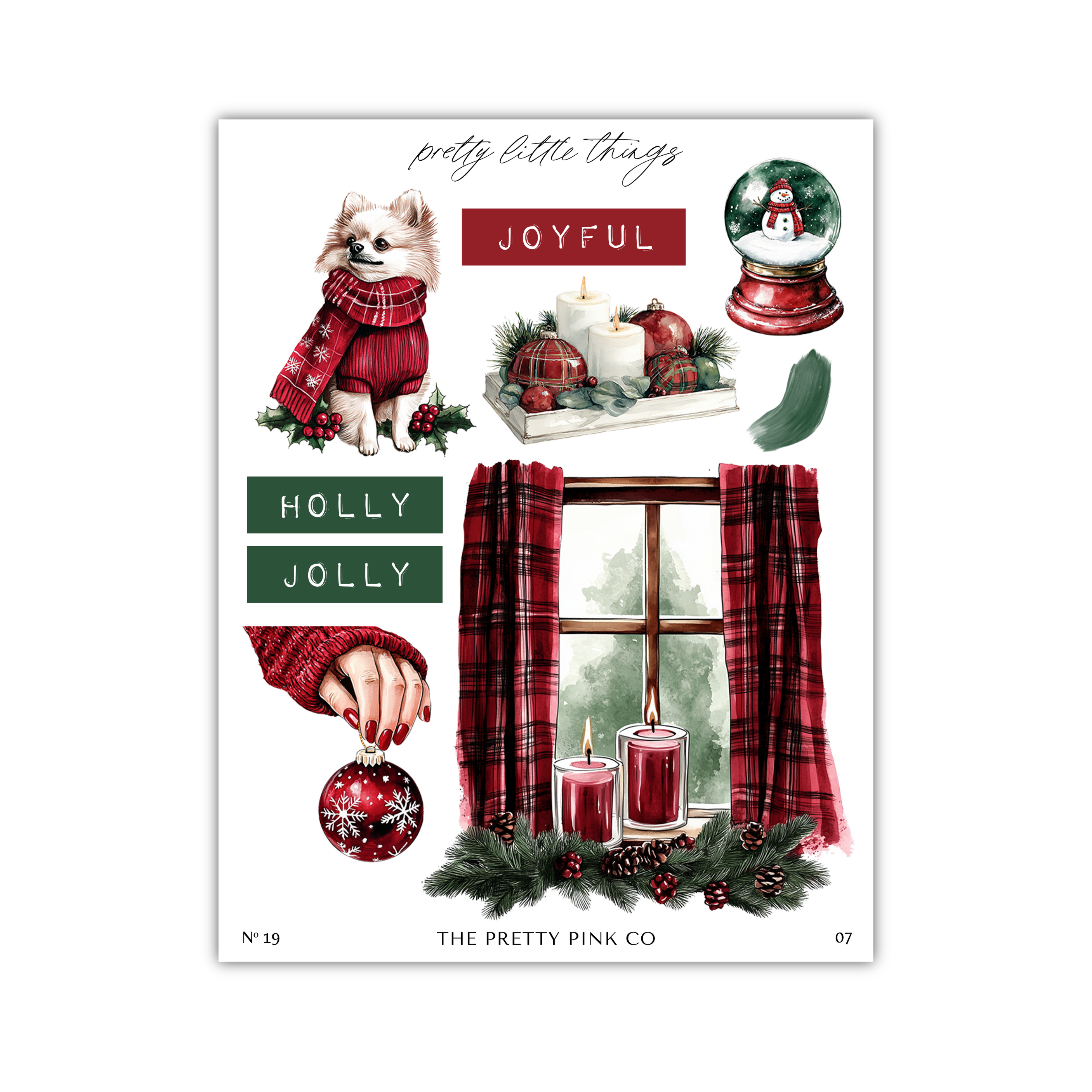The image is a collage of various Christmas-themed items, including a dog, a snow globe, candles, a Christmas tree, and a red plaid curtain. The collage is titled "Holly Jolly" and includes the text " pretty little things" and "joyful".