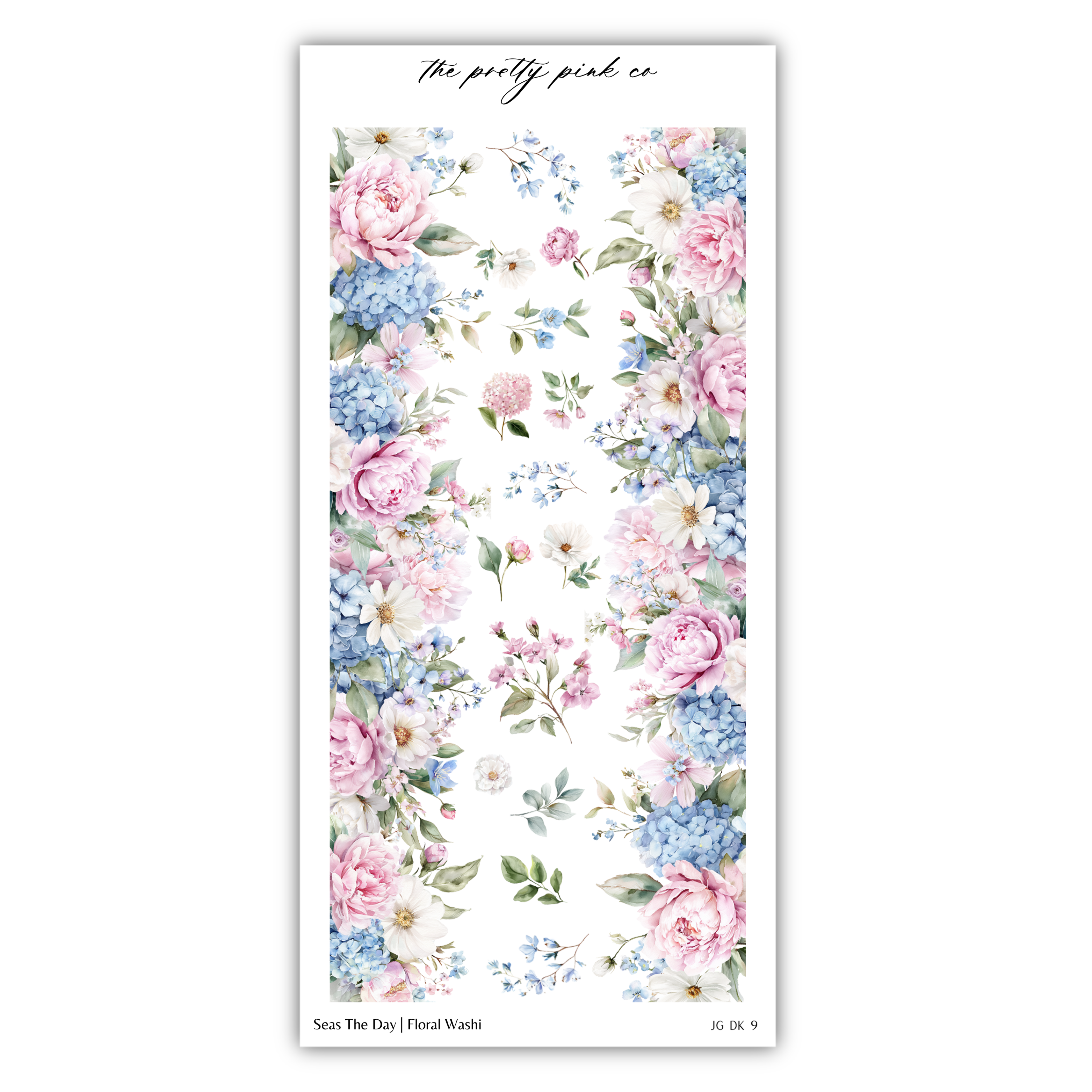 The image is a floral print featuring a variety of pink, blue, and white flowers arranged in a vertical pattern.