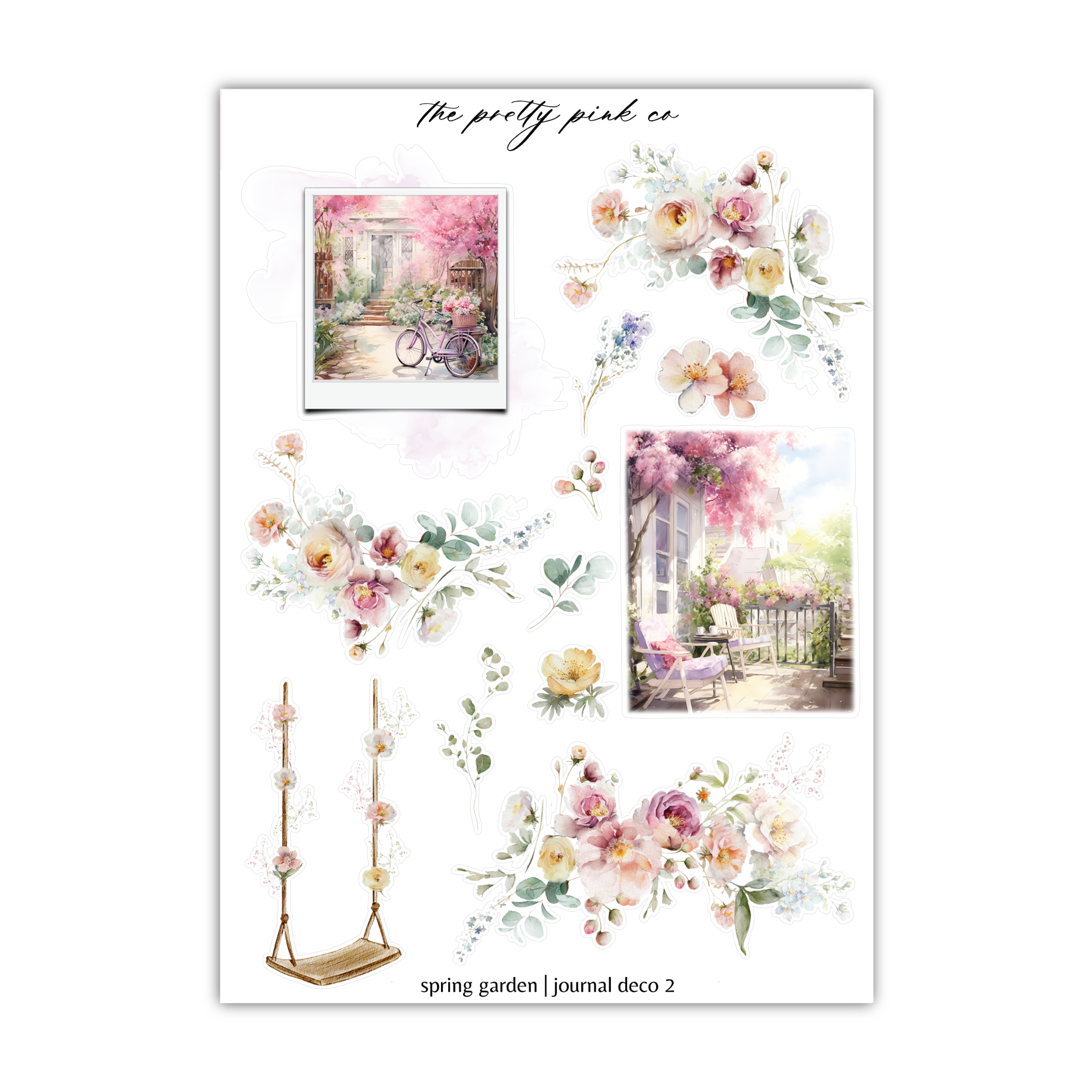 a card with a picture of flowers and a swing