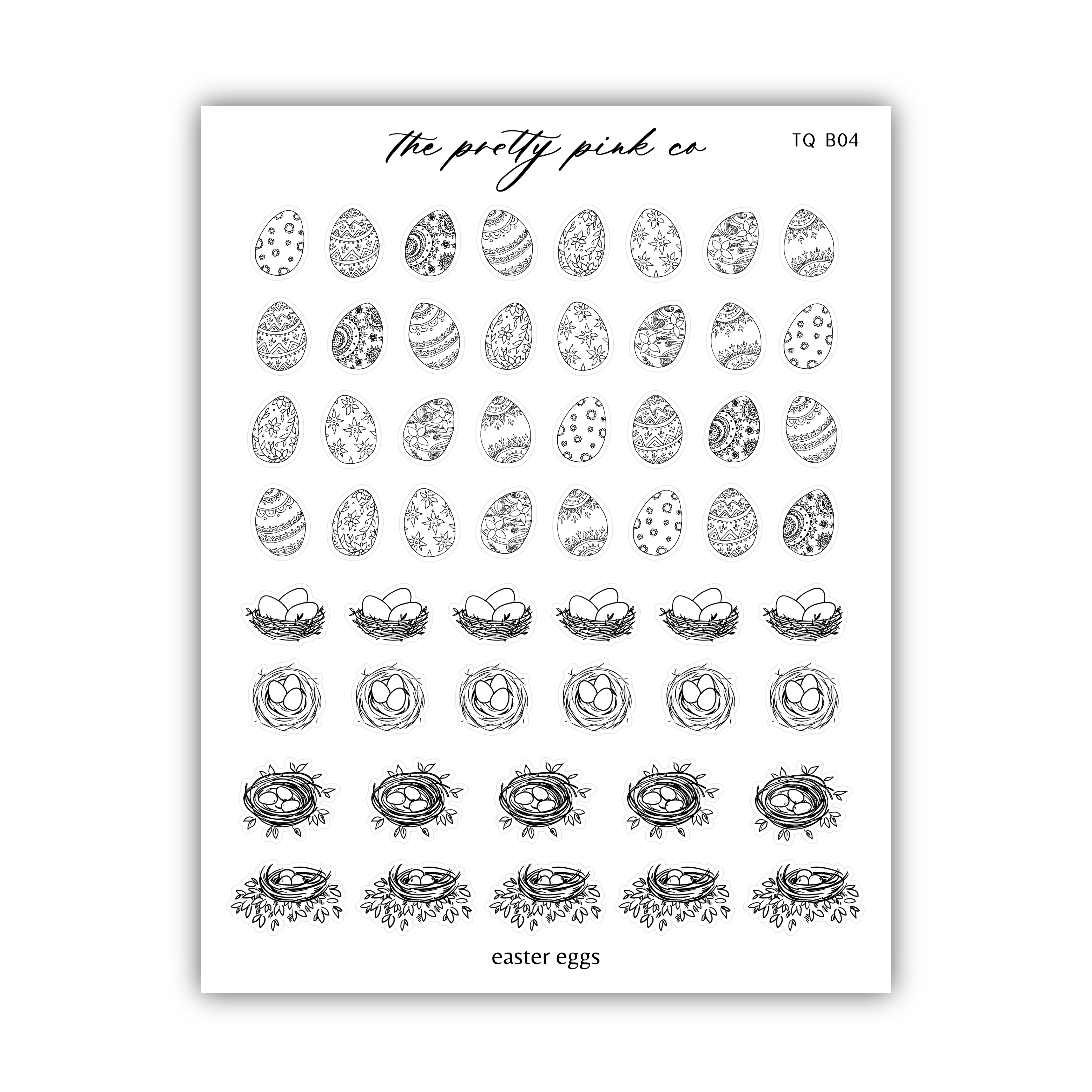 a sheet of black and white stickers with an image of easter eggs