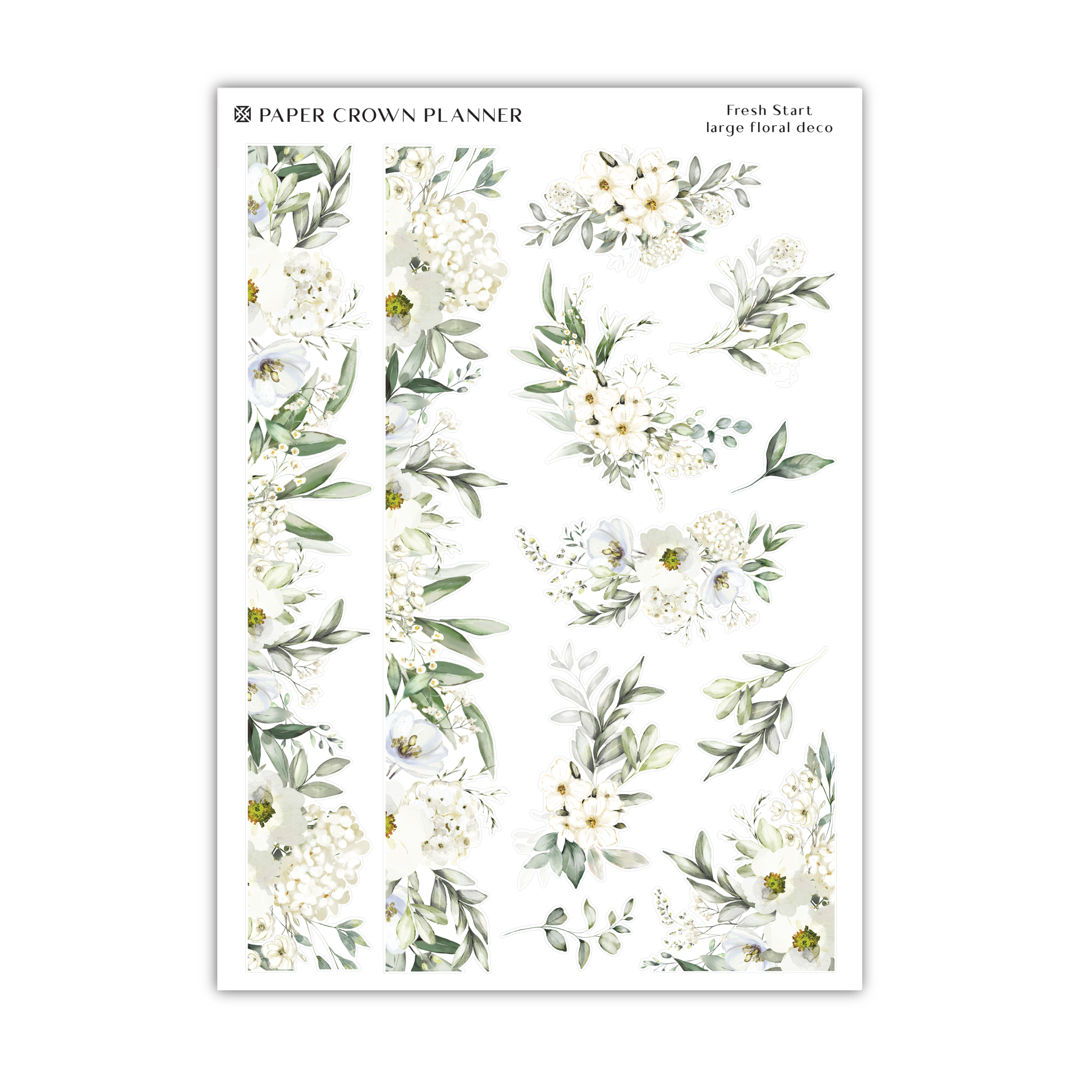 a floral planner sticker with white flowers and green leaves