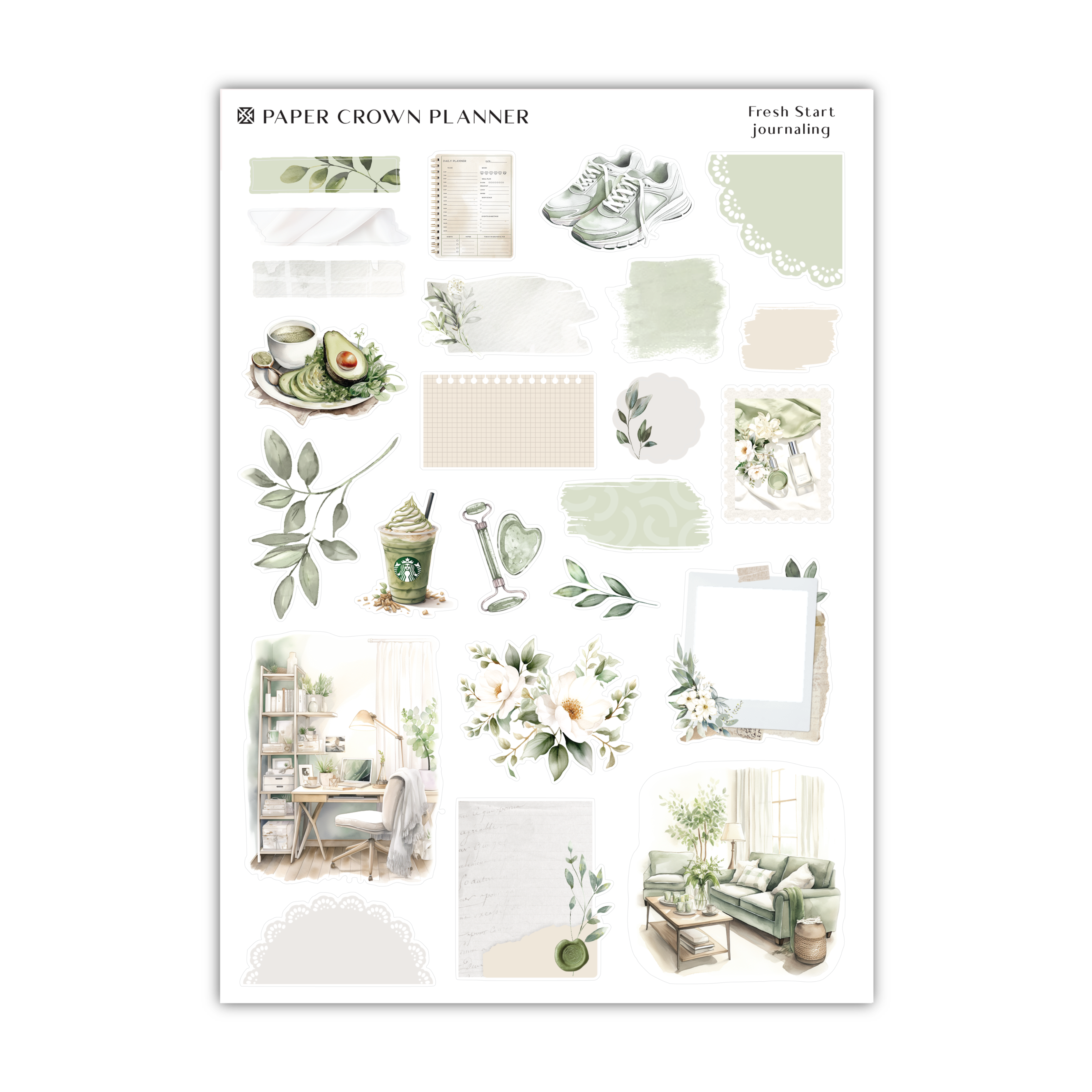 a sheet of stickers with green plants and flowers