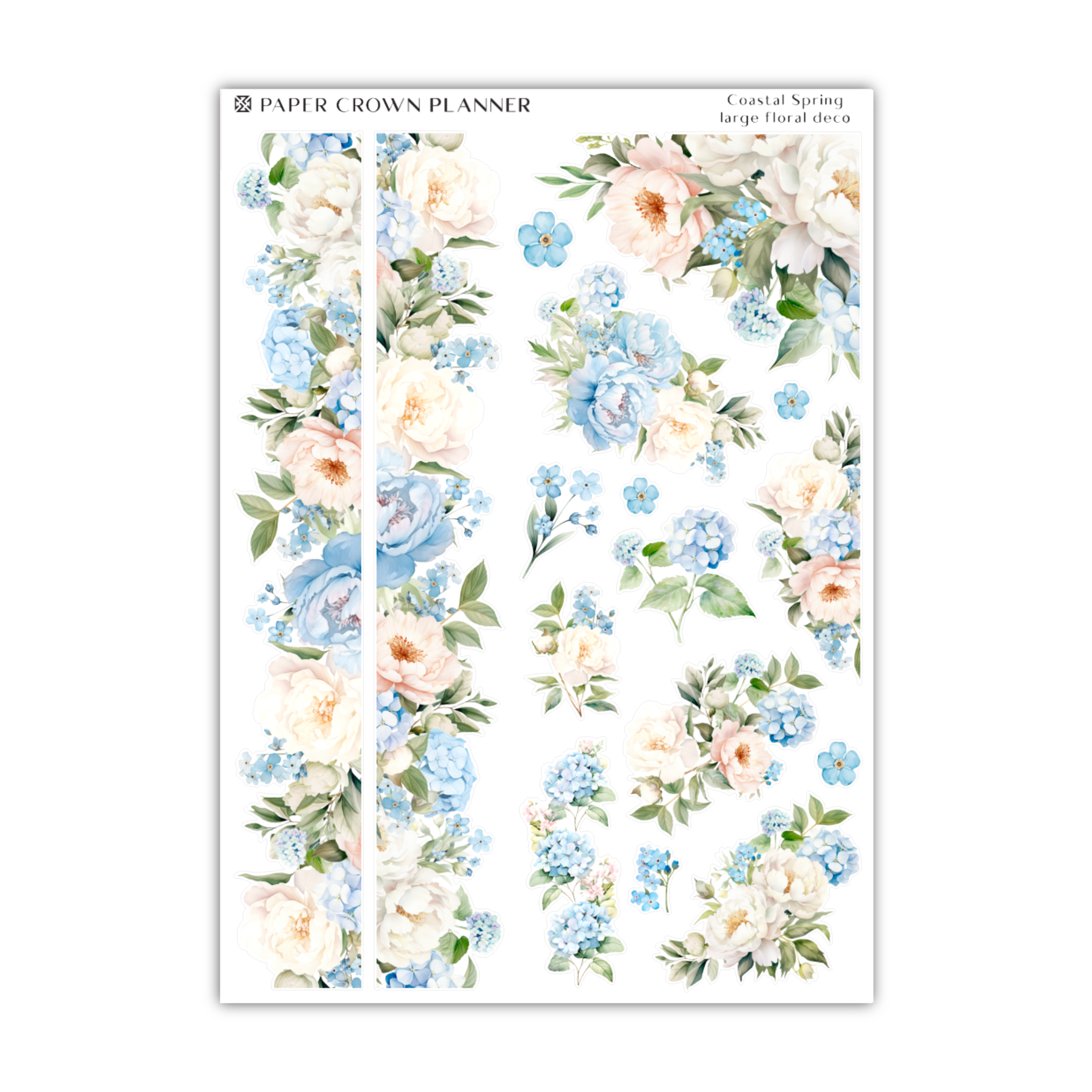 a floral planner sticker with blue and white flowers