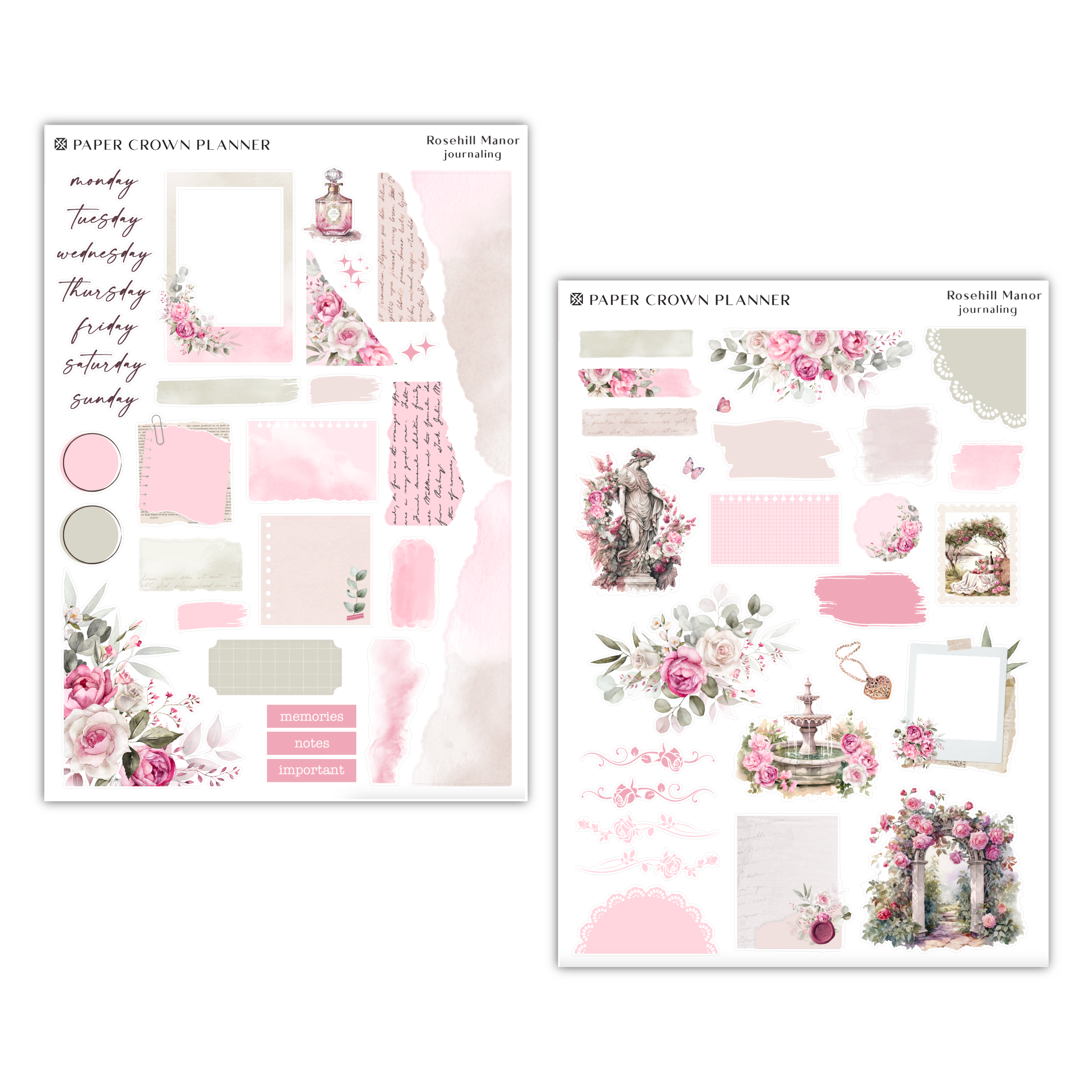 two sheets of pink and white paper with flowers on them