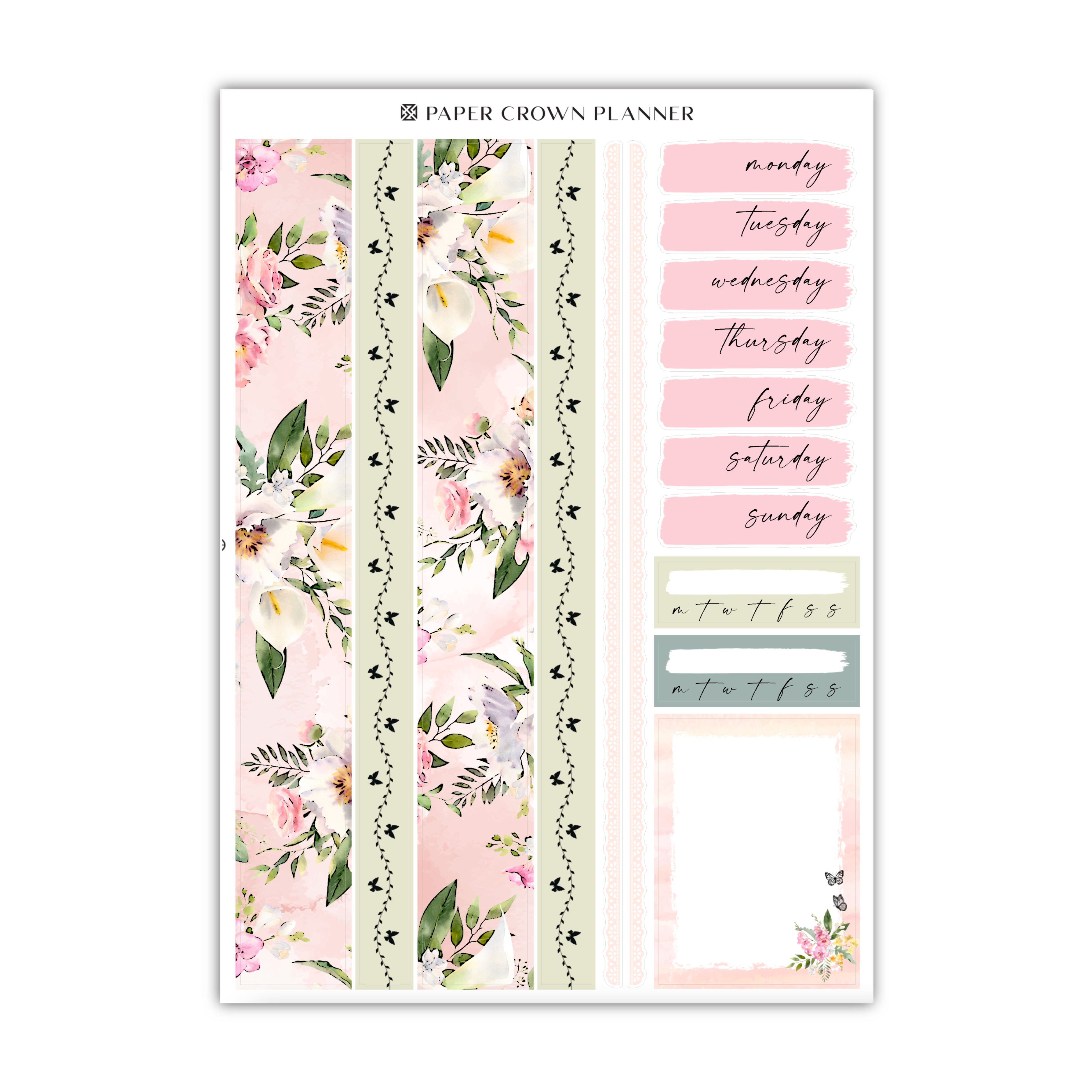 a pink planner sticker with flowers and leaves