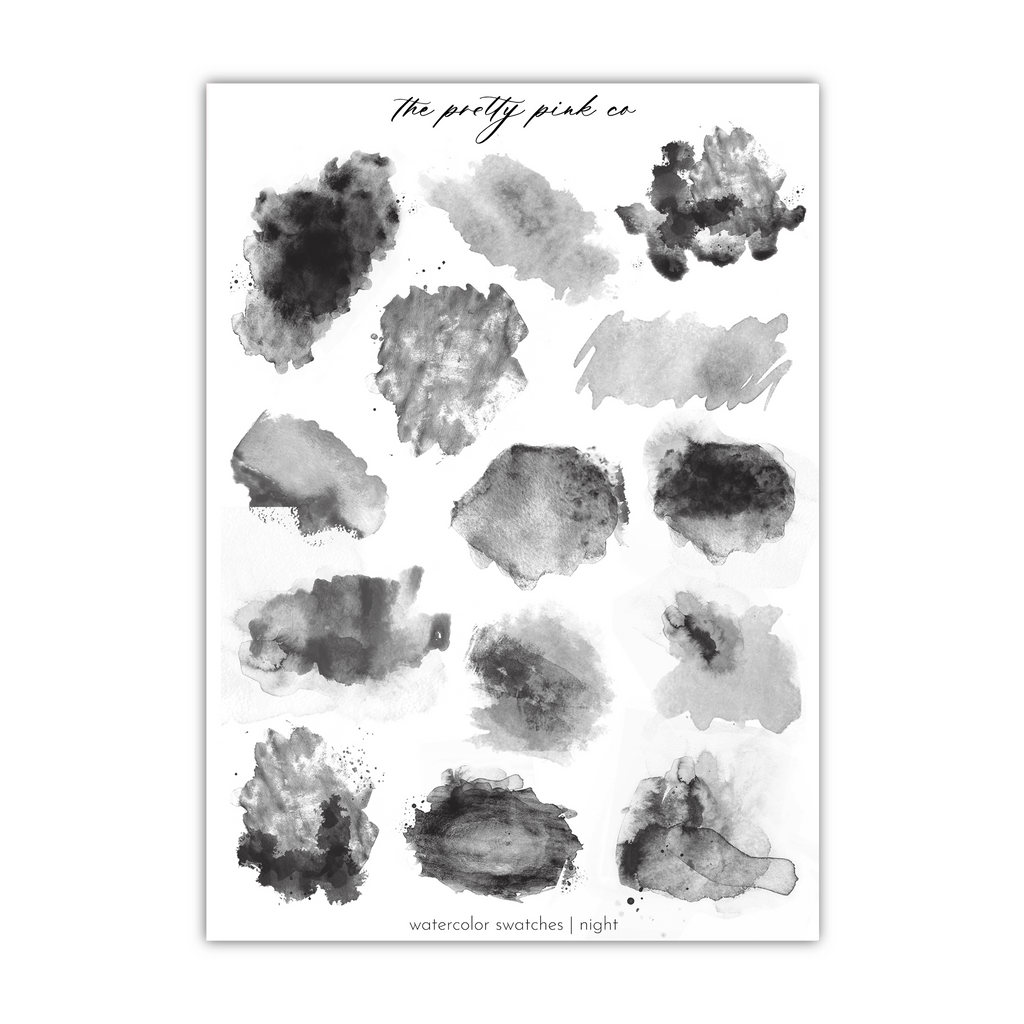 a black and white watercolor painting of different shapes and sizes