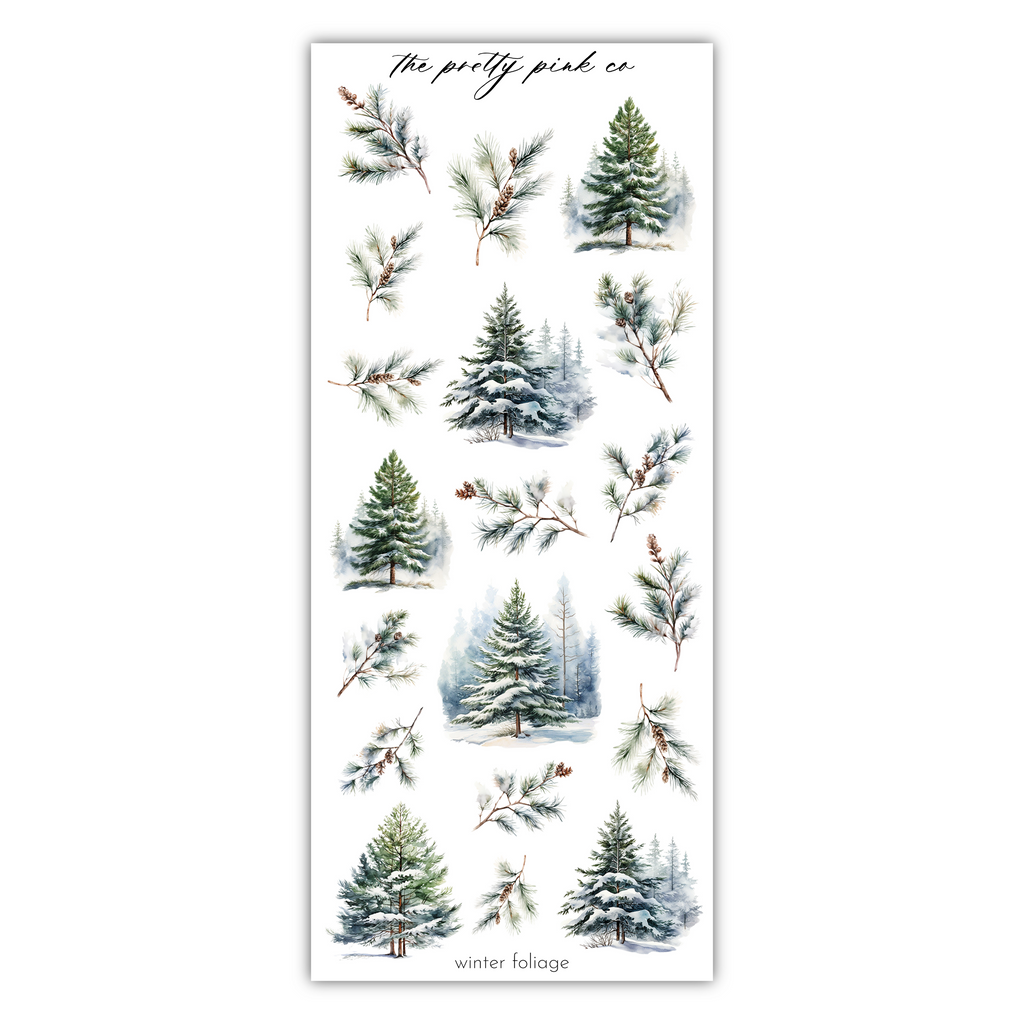 a sheet of watercolor christmas trees on a white background