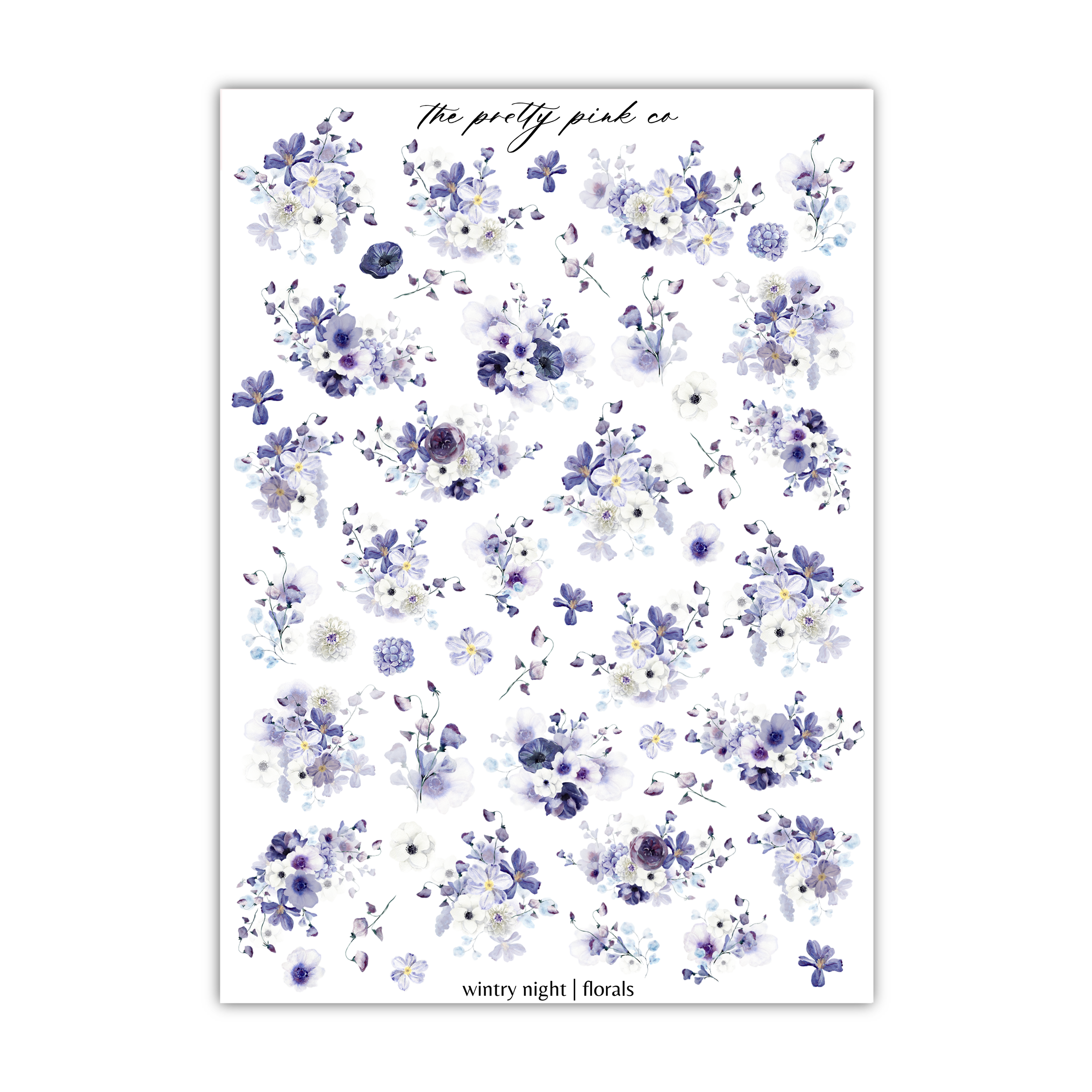 a sheet of blue and white flowers on a white background