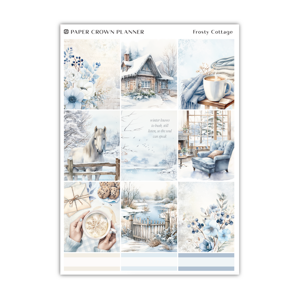 a picture of a winter scene with blue and white