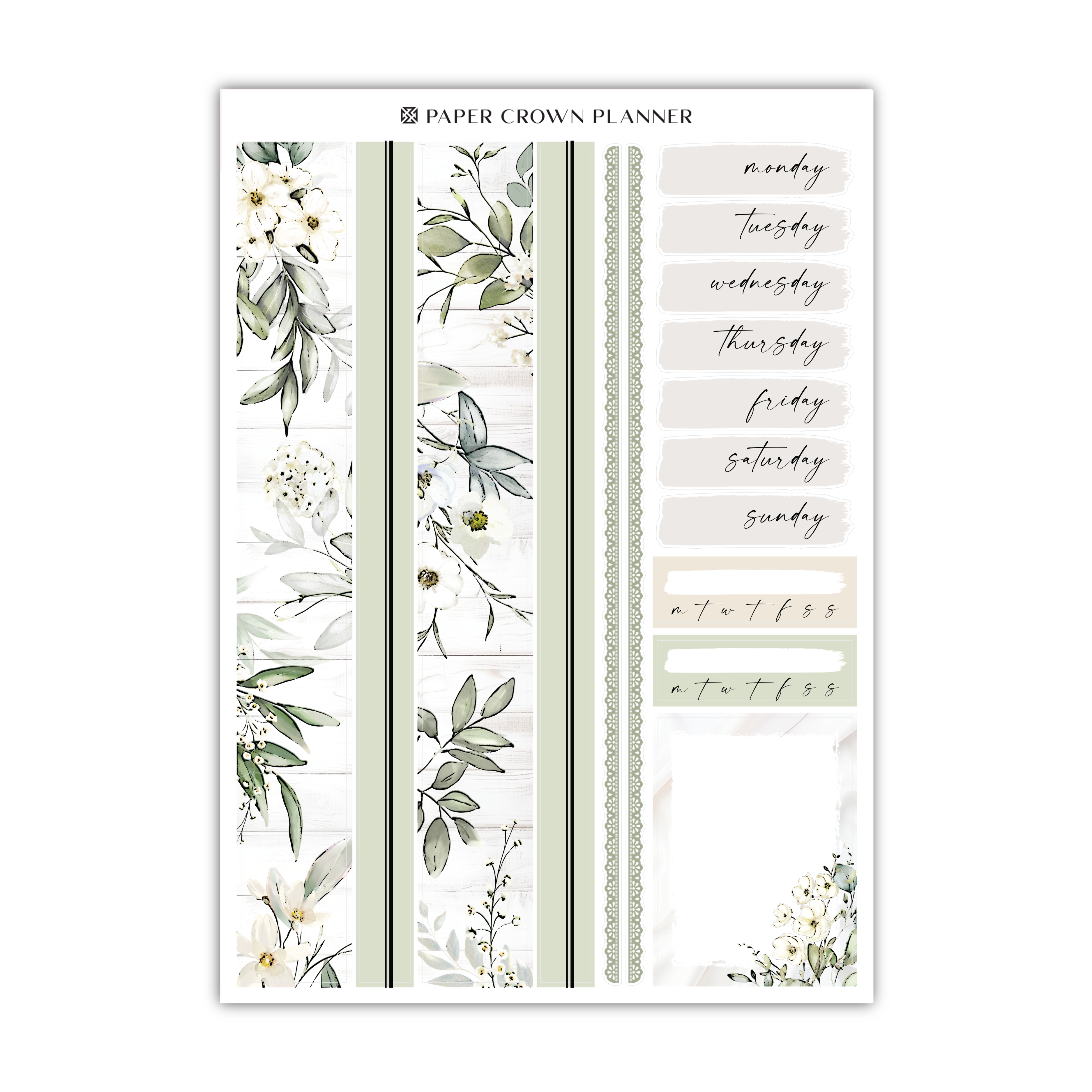 a white and green floral planner sticker