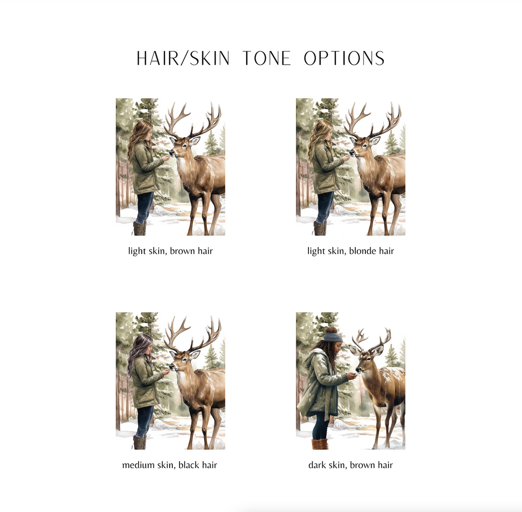 four different pictures of a person with a deer